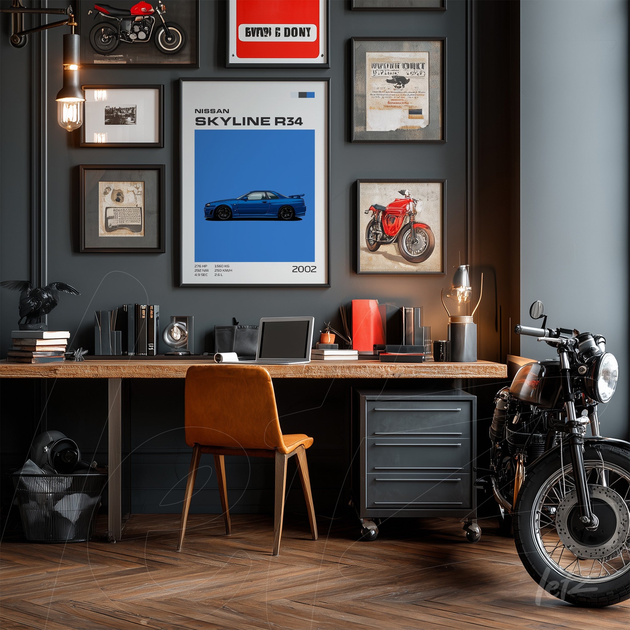 collection of framed wall art in a modern office featuring a blue Nissan Skyline R34 poster in a black frame at the center, surrounded by motorcycle images and decorative signs on a gray wall