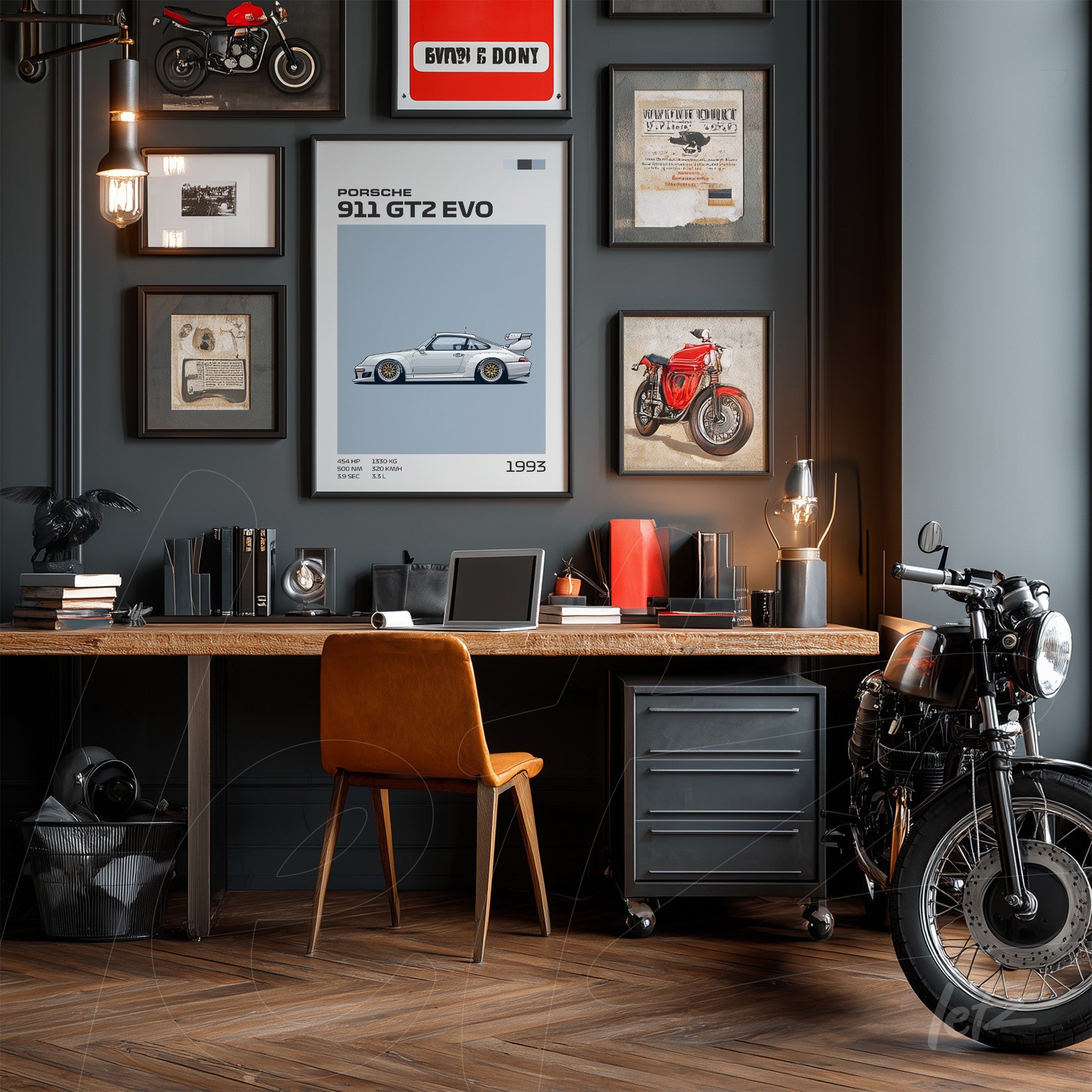 modern office space featuring a framed artwork of Porsche 911 GT2 EVO with black frame, light wood desk and leather chair, decorated with motorcycles and vintage items