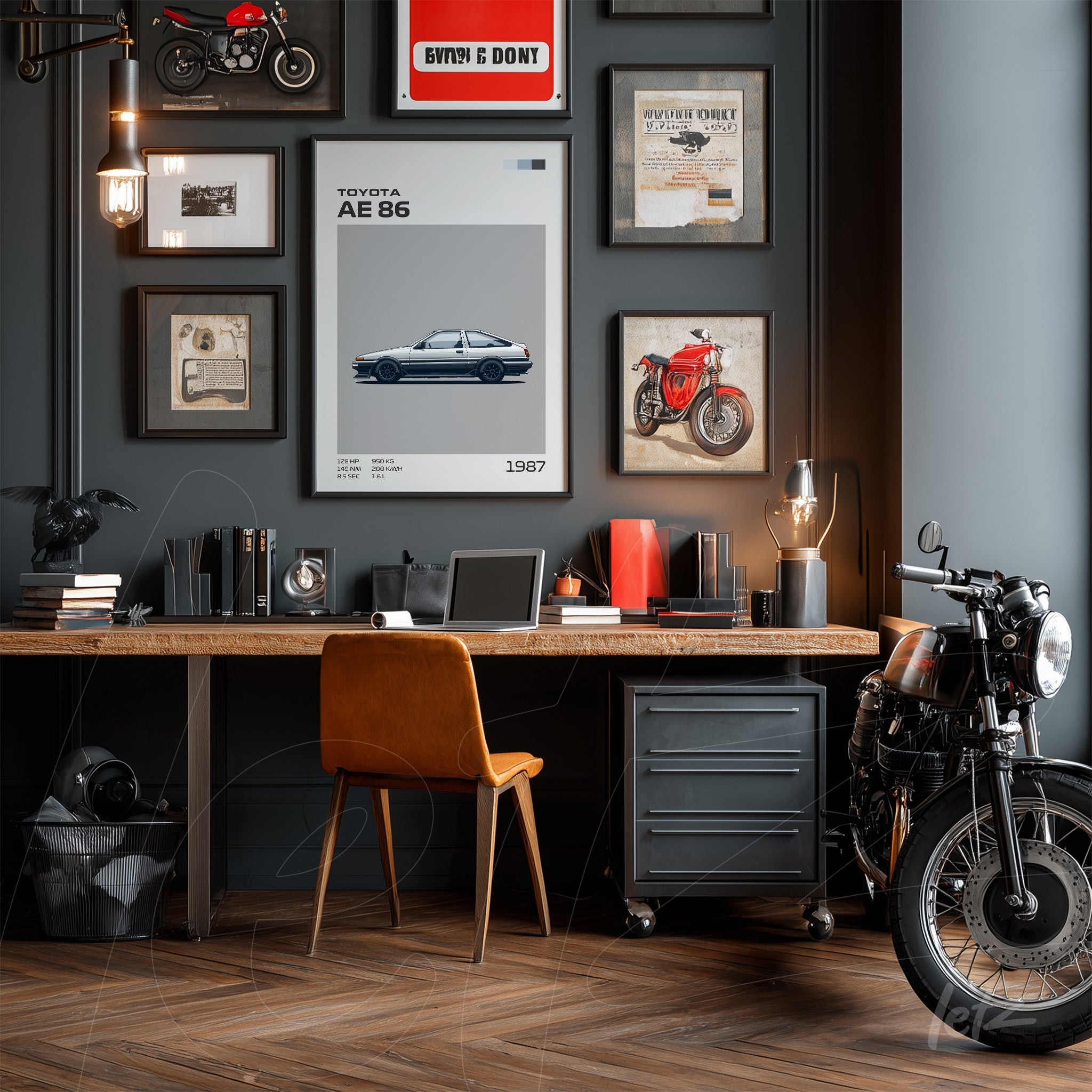 composition of vintage wall art on dark wall with wooden desk and orange chair in decorated office