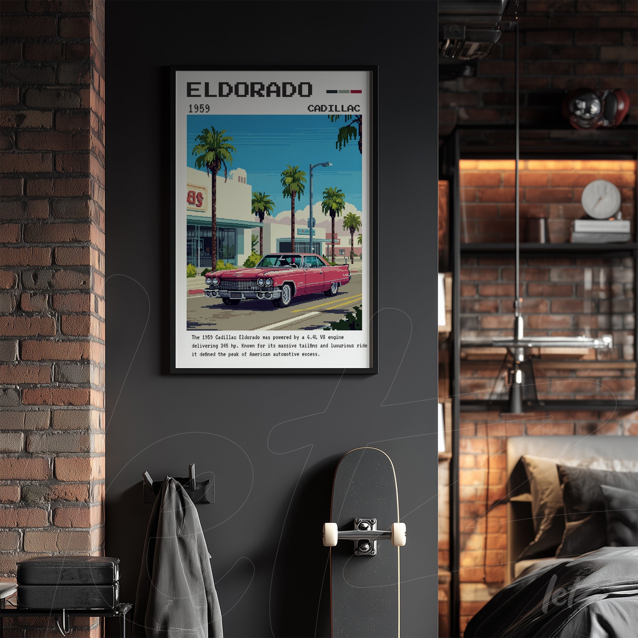 framed retro art of a 1959 Cadillac Eldorado with palm trees and a building in the background