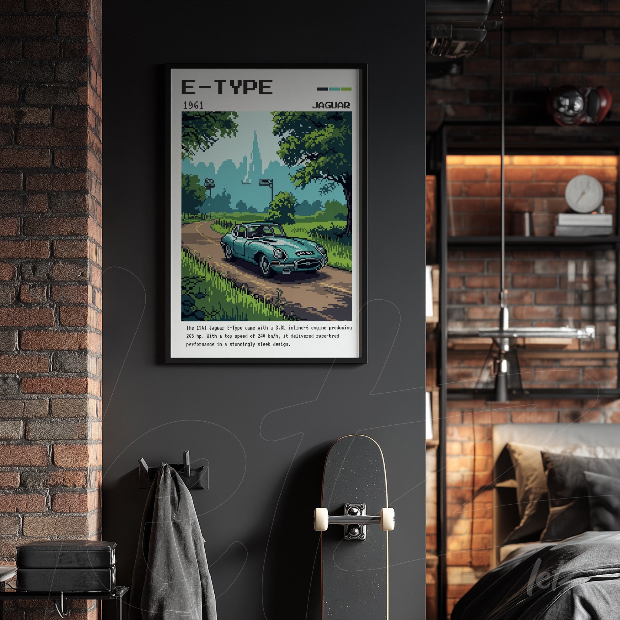 framed vintage illustration of Jaguar E-Type car displayed on exposed brick wall