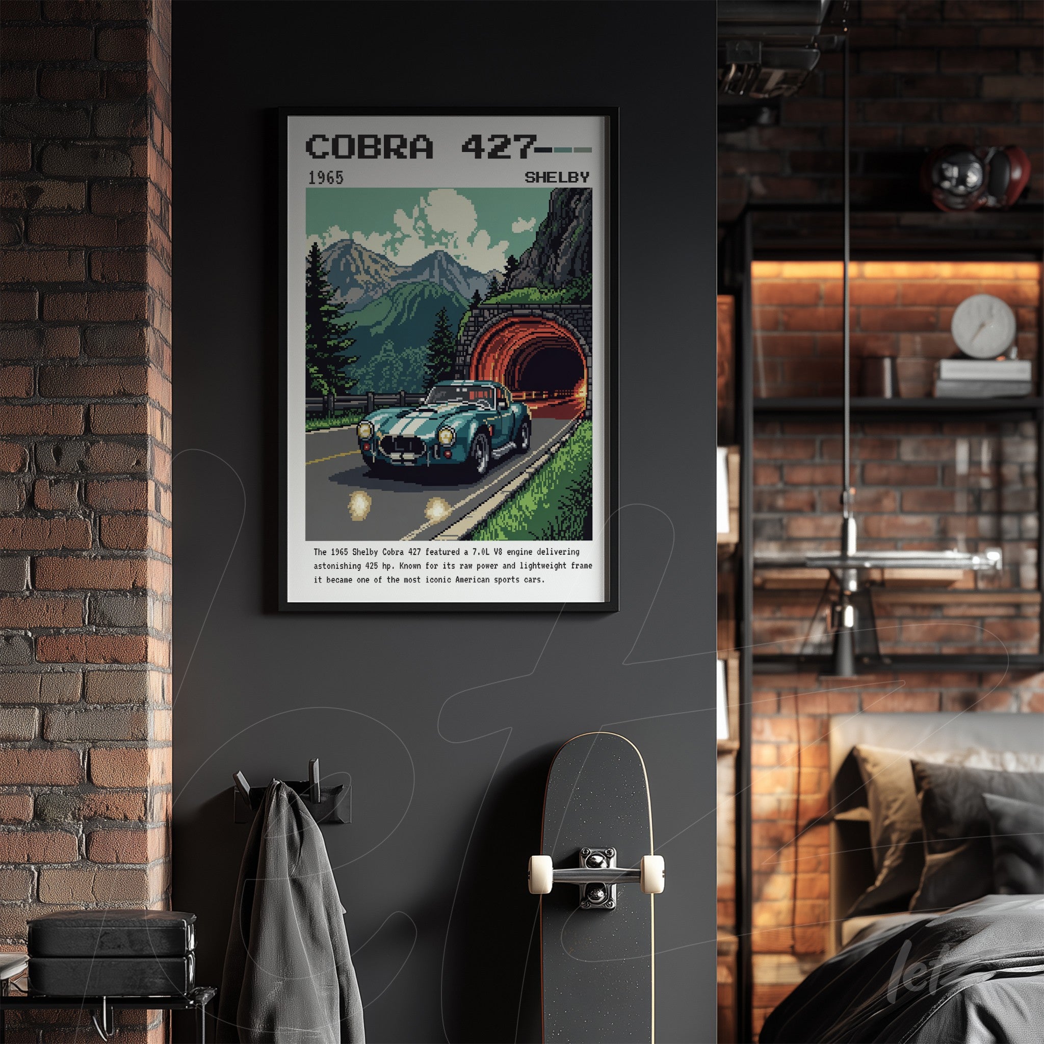 framed vintage artwork of a shelby cobra 427 car displayed on dark wall next to a skateboard