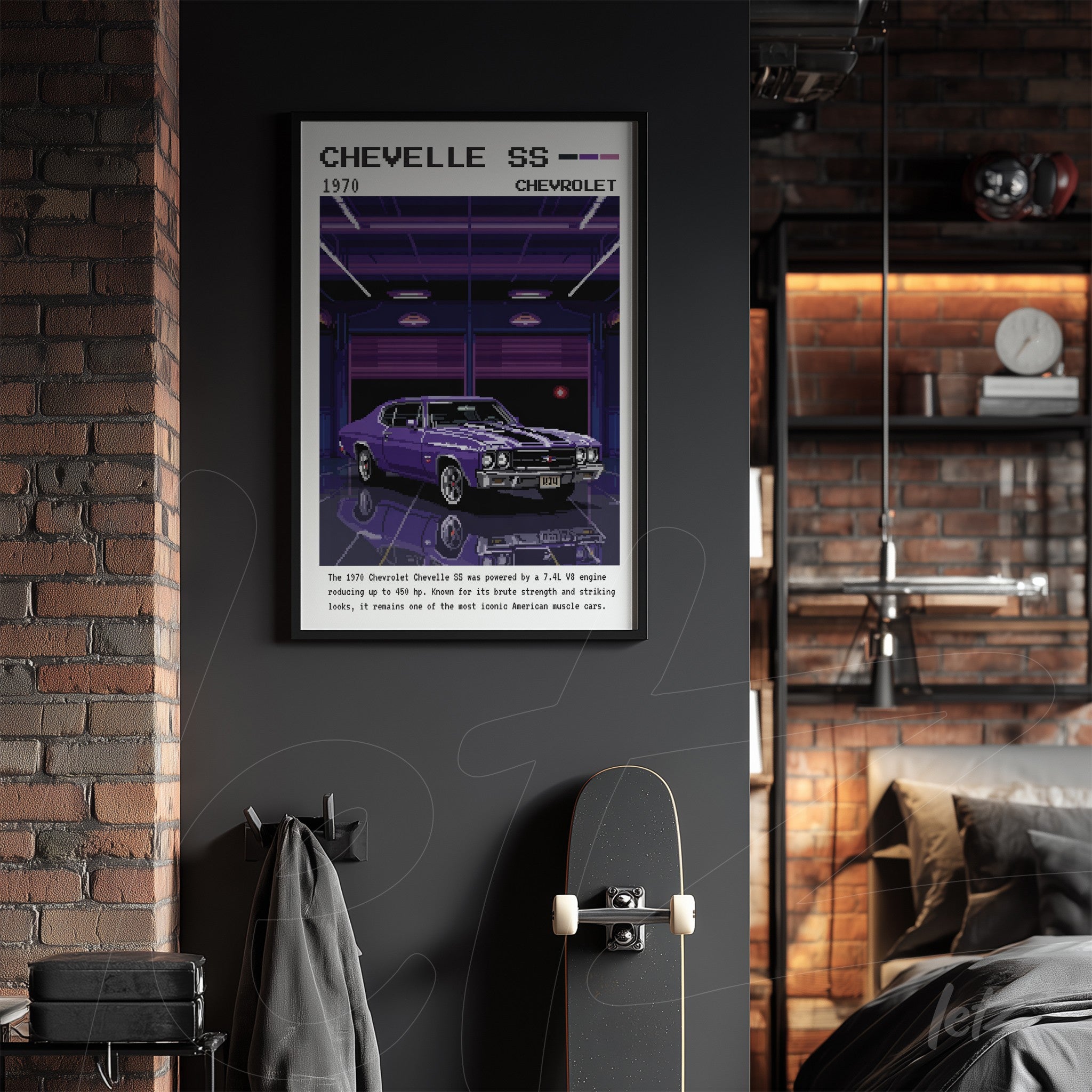 framed retro art of a 1970 Chevrolet Chevelle SS in black frame on dark wall