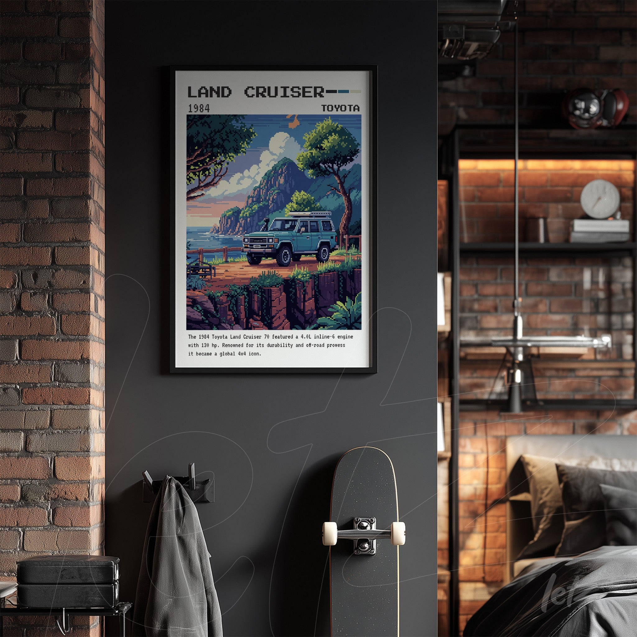 framed illustration of a vintage toyota land cruiser in a mountainous landscape displayed on a dark wall with industrial lighting