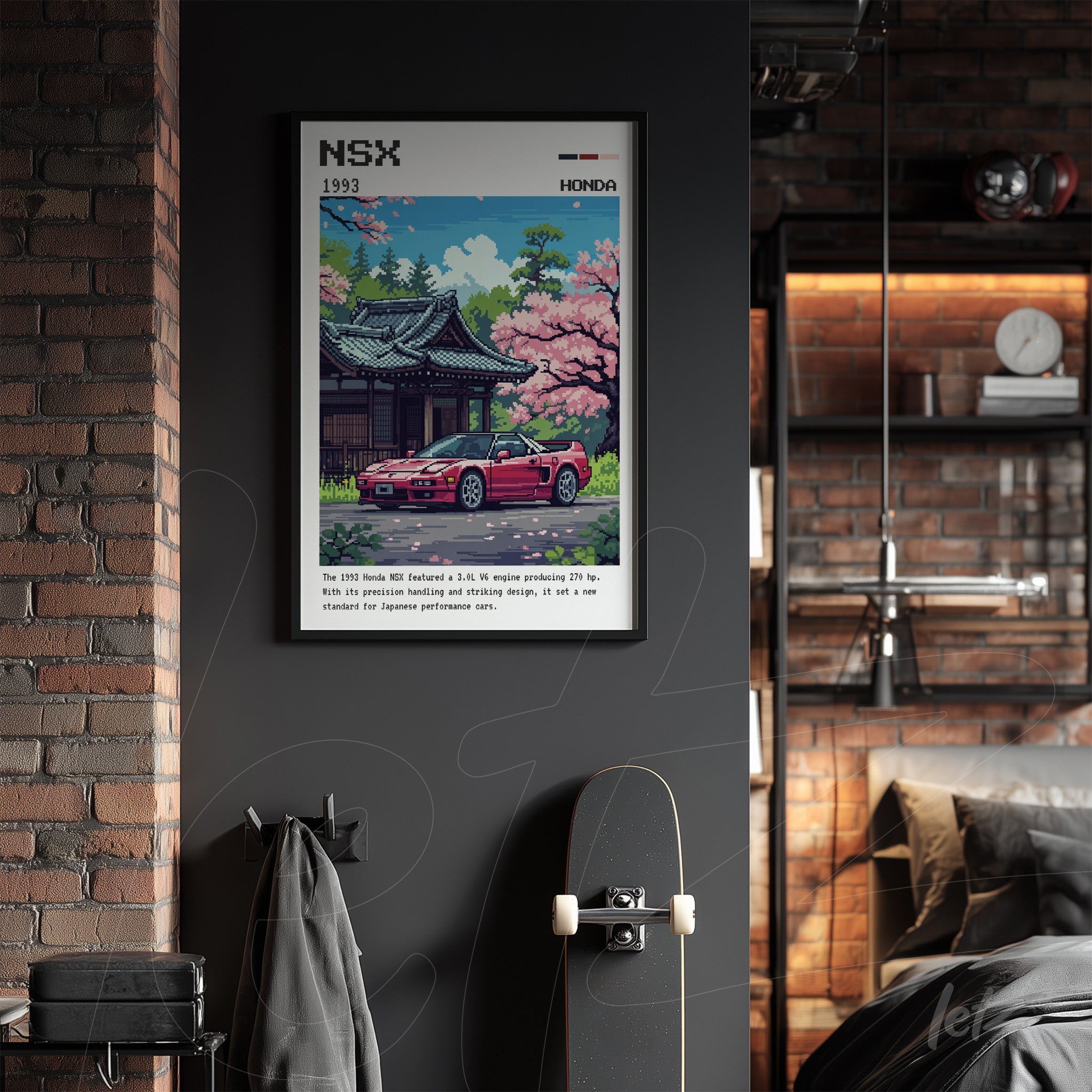 retro art print of a red Honda NSX in front of a Japanese temple with black frame
