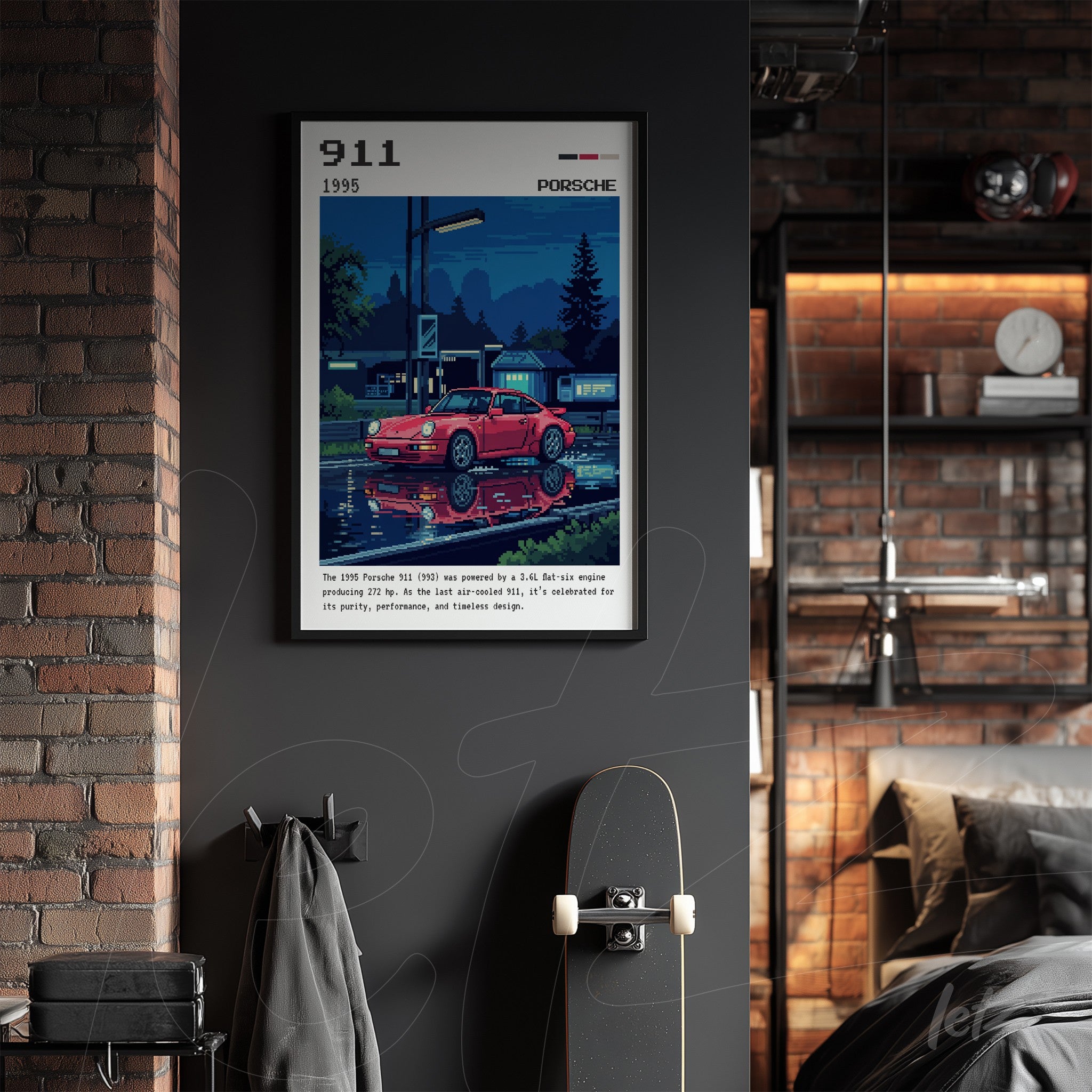 framed vintage art featuring a red Porsche 911 parked under night lights, reflecting on water with blue and beige details on a white wall