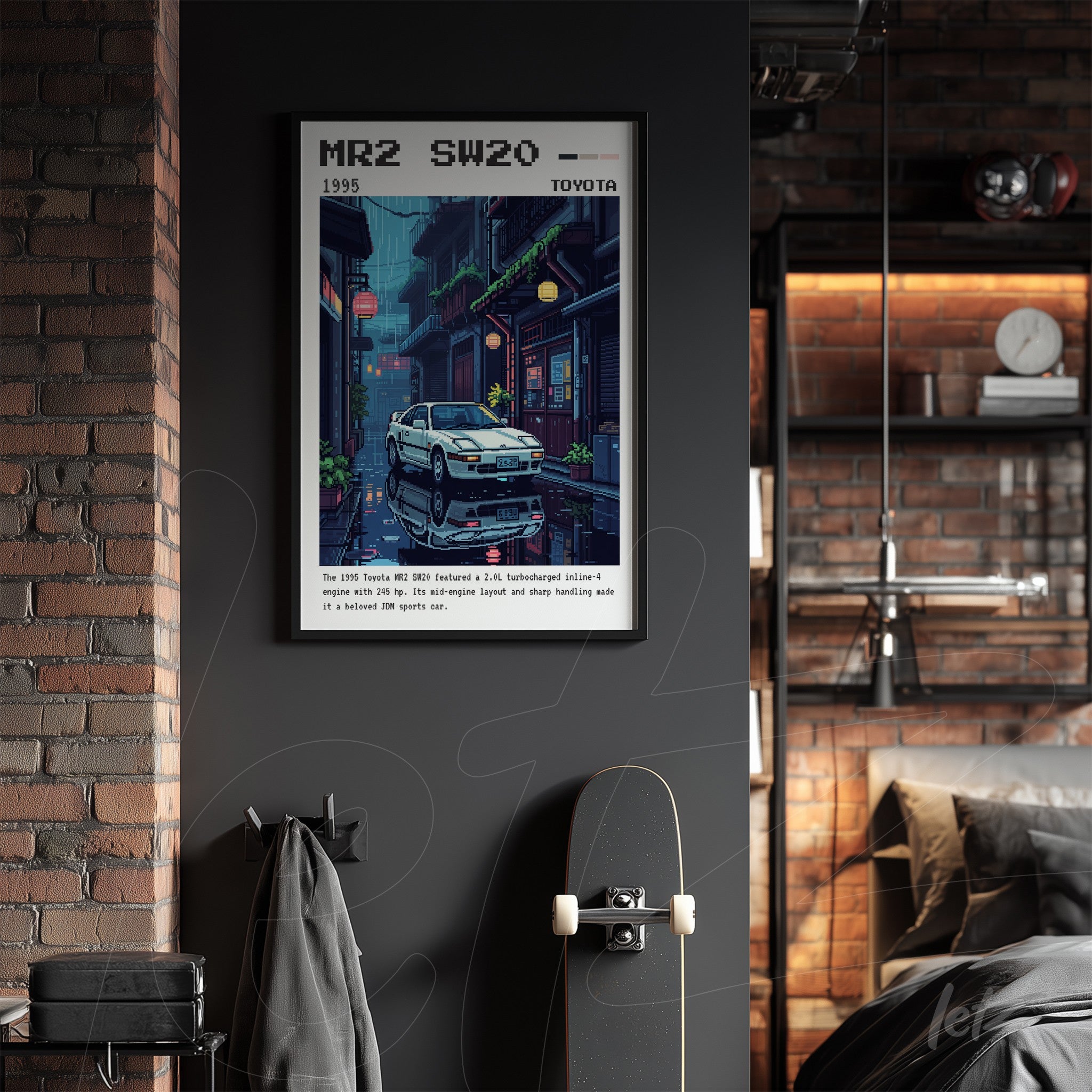 framed digital art of the 1995 Toyota MR2 SW20 in black frame, displayed on a dark wall with exposed brick