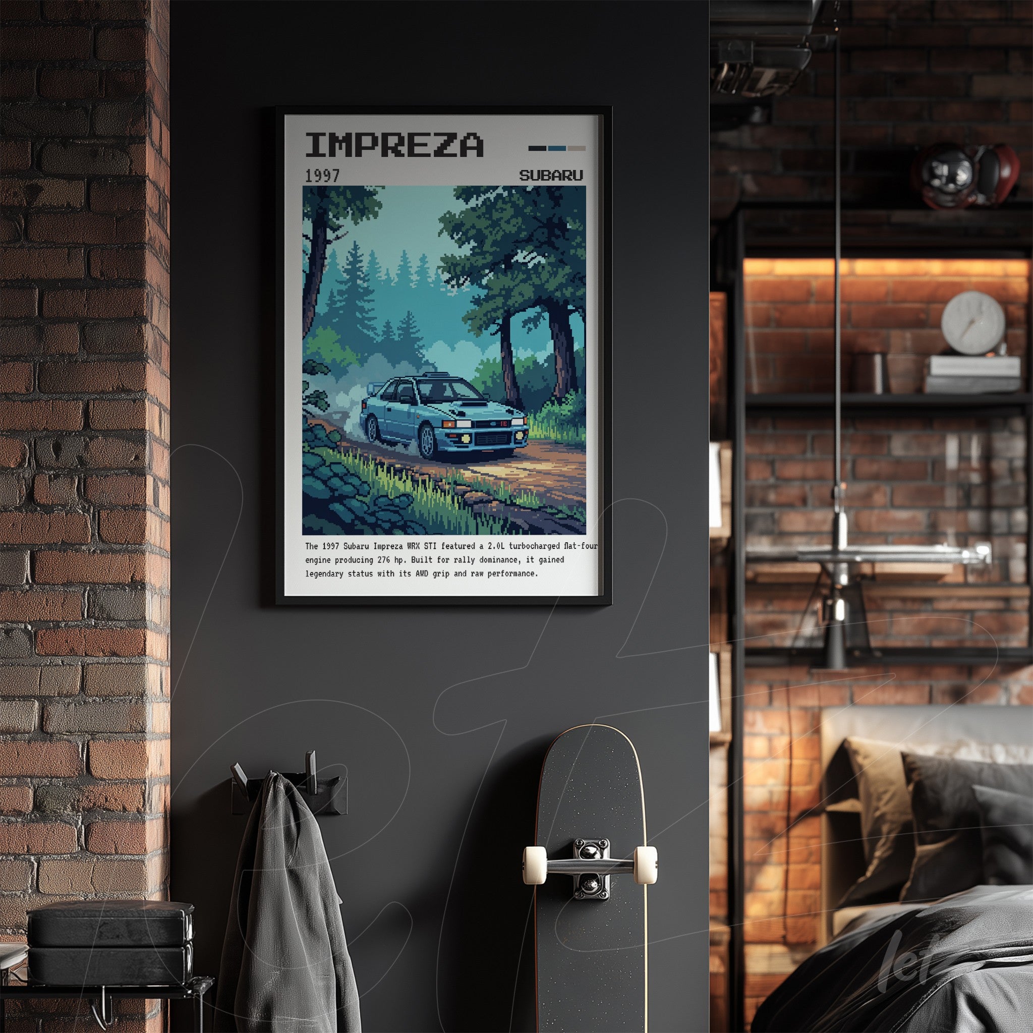 framed vintage illustration of 1997 Subaru Impreza displayed on exposed brick wall