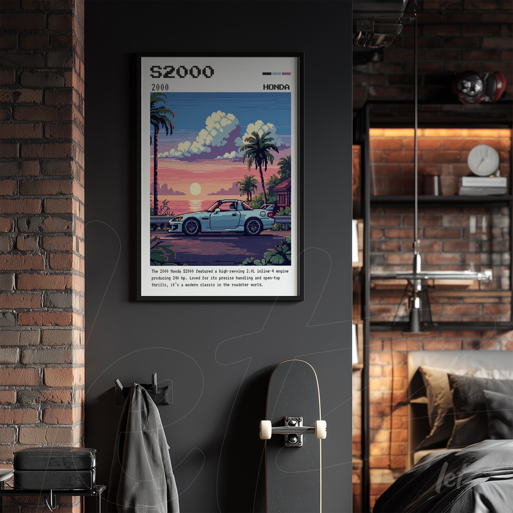 framed pixel art of Honda S2000 with tropical sunset background and palm trees in black frame