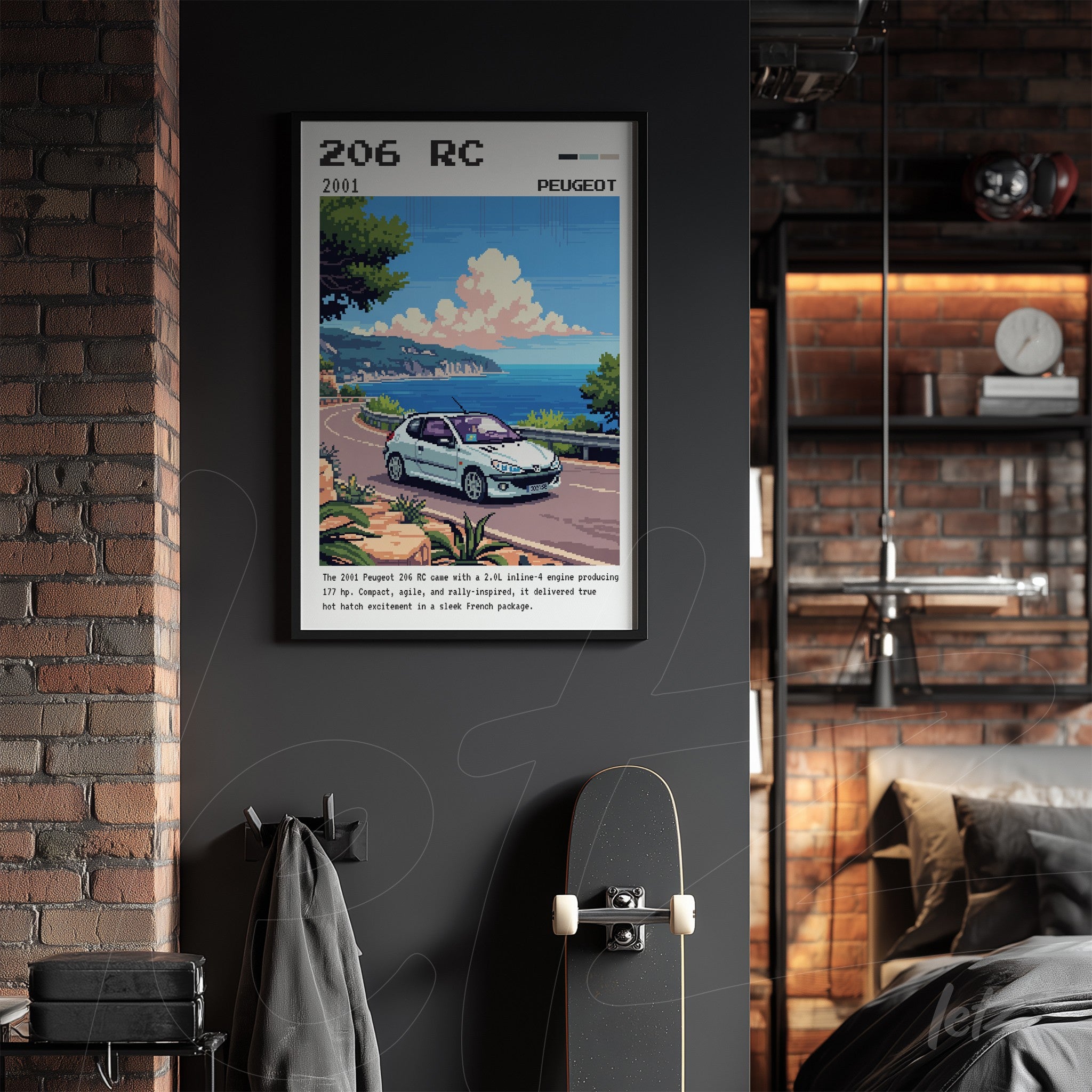 canvas print featuring digital art of a Peugeot 206 RC on a seaside road with a black frame