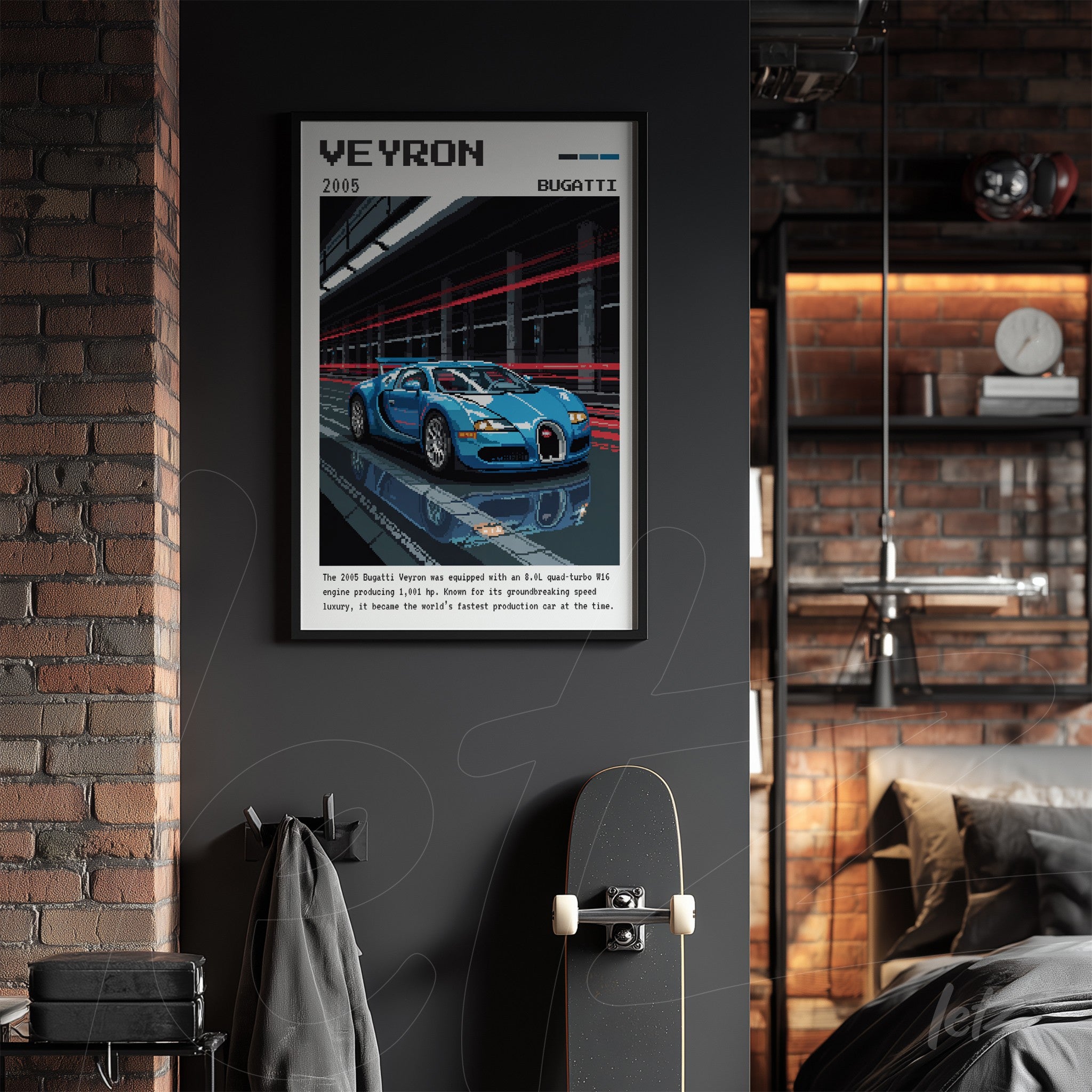 framed digital artwork of a blue Bugatti Veyron with dark background