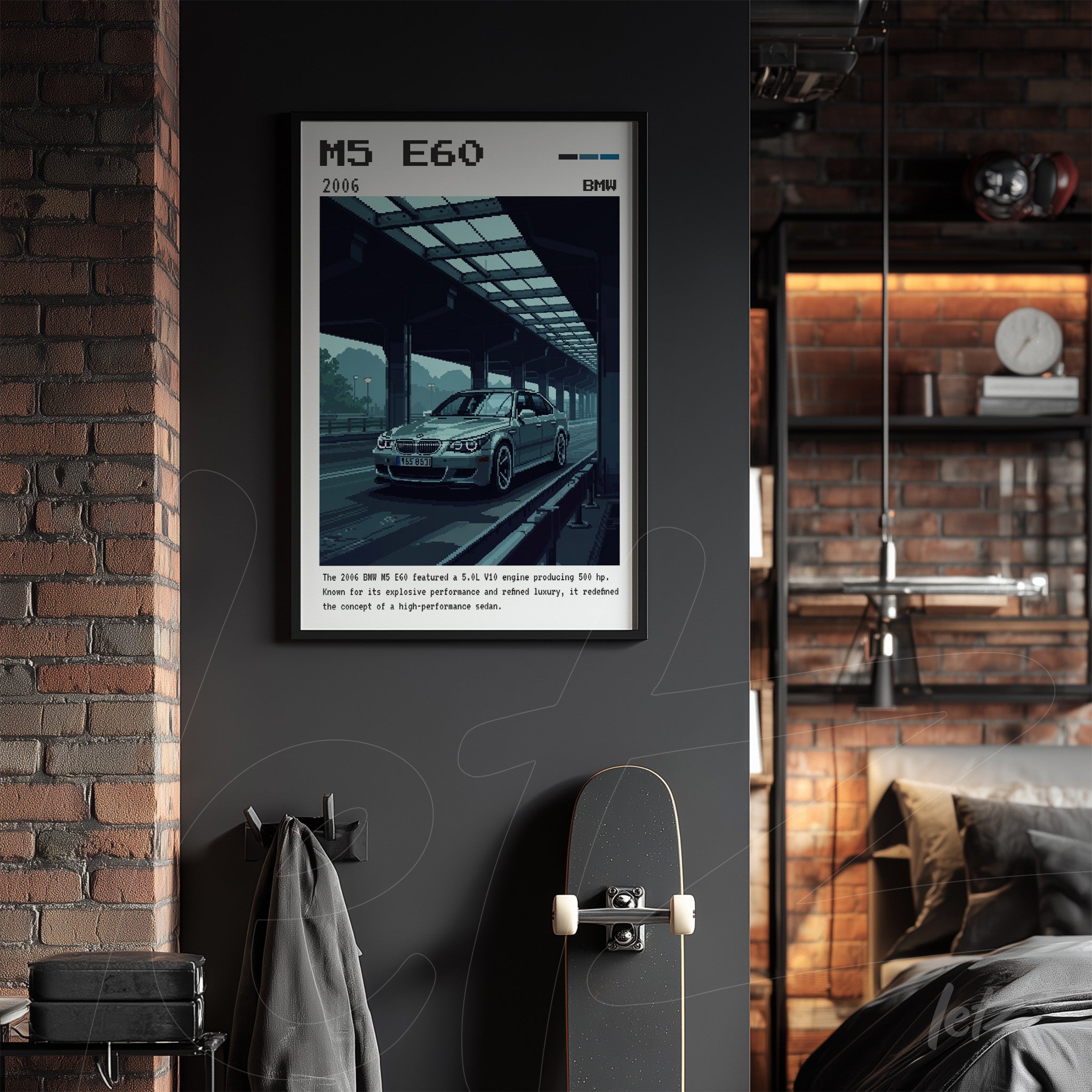 framed digital art of a 2006 BMW M5 E60 on a dark wall with industrial details