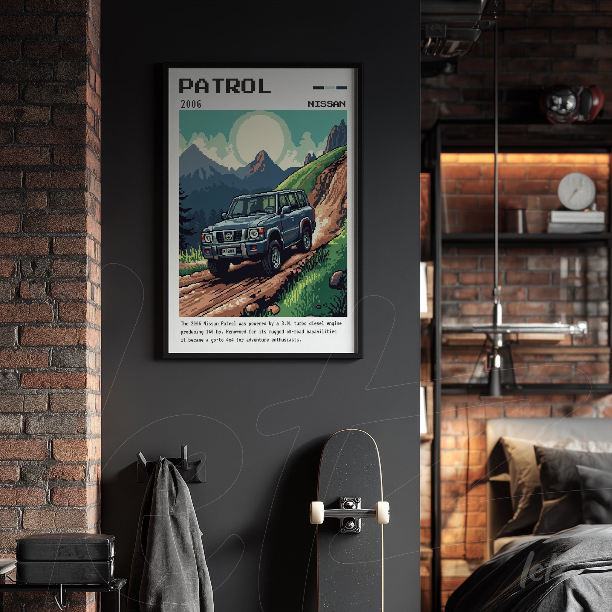 retro wall art of Nissan Patrol 2006 in black frame with dark background