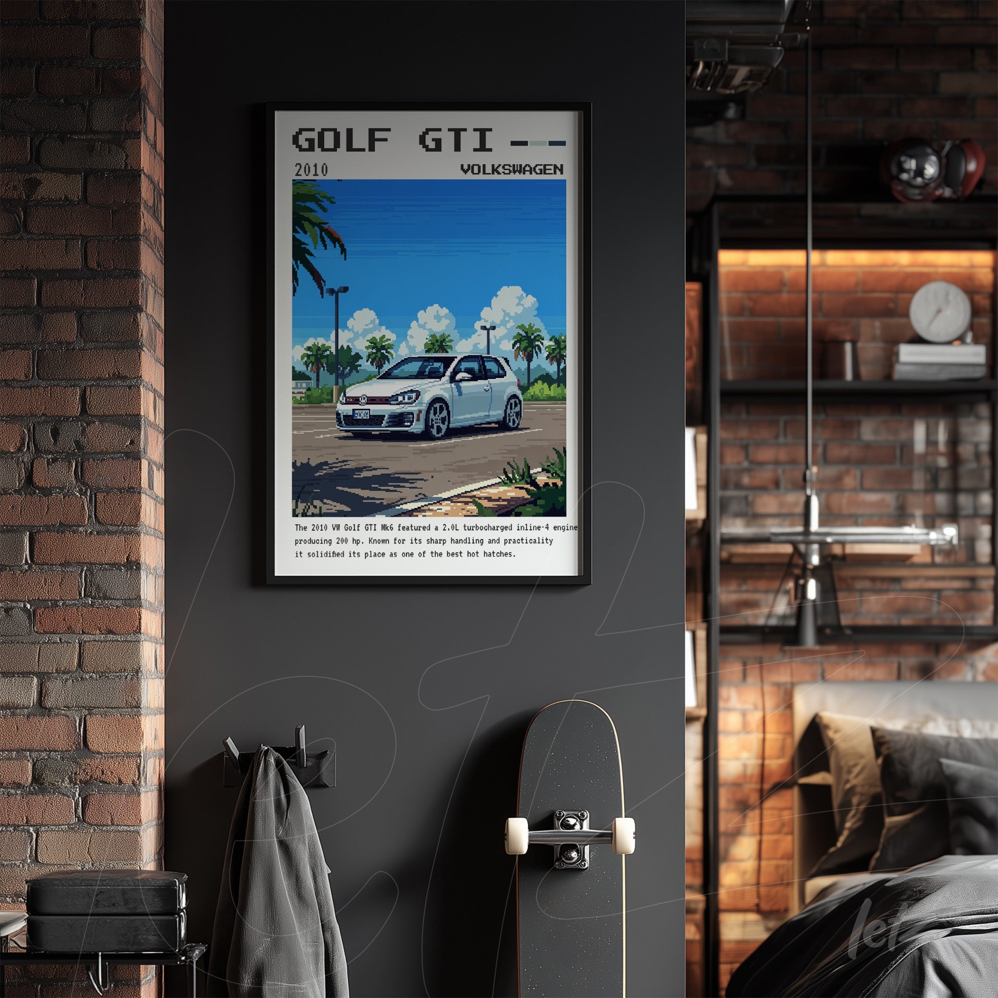 framed digital art of 2010 golf gti car with black frame on a dark wall