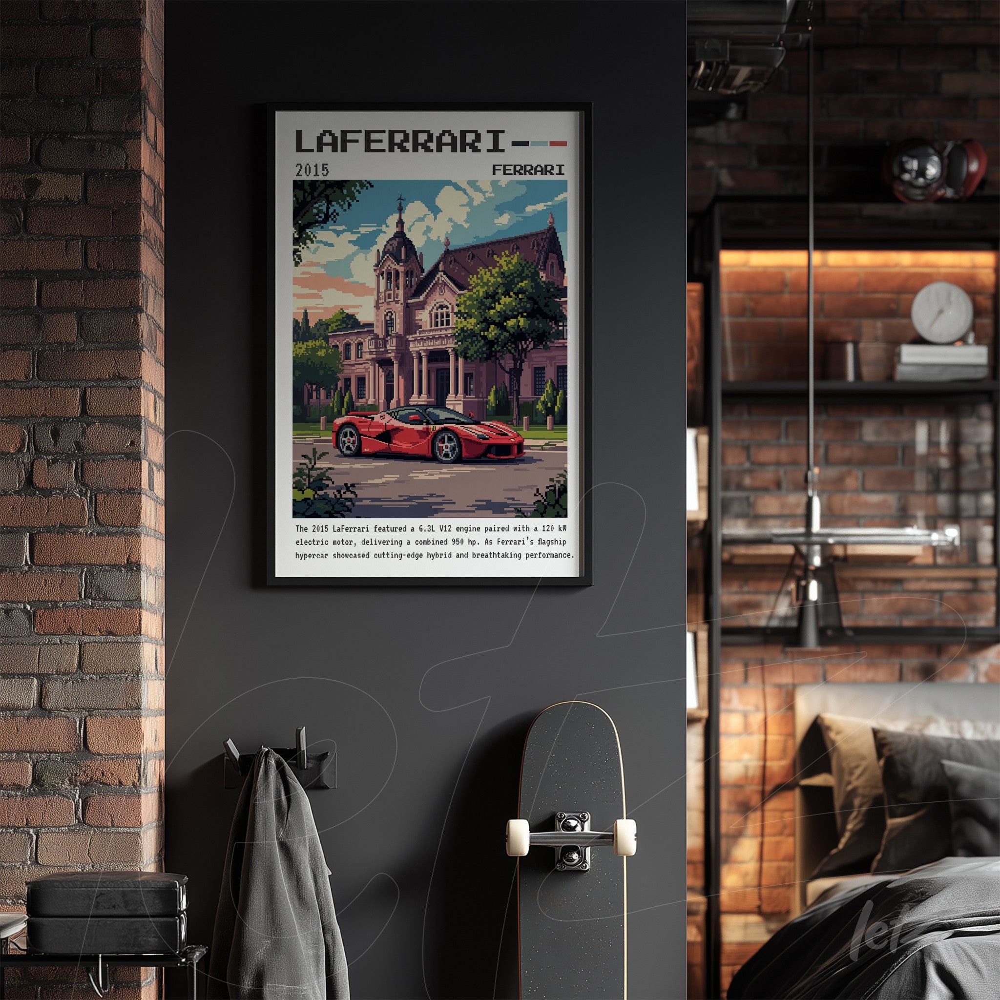 vintage style framed art of Ferrari LaFerrari displayed on an exposed brick wall