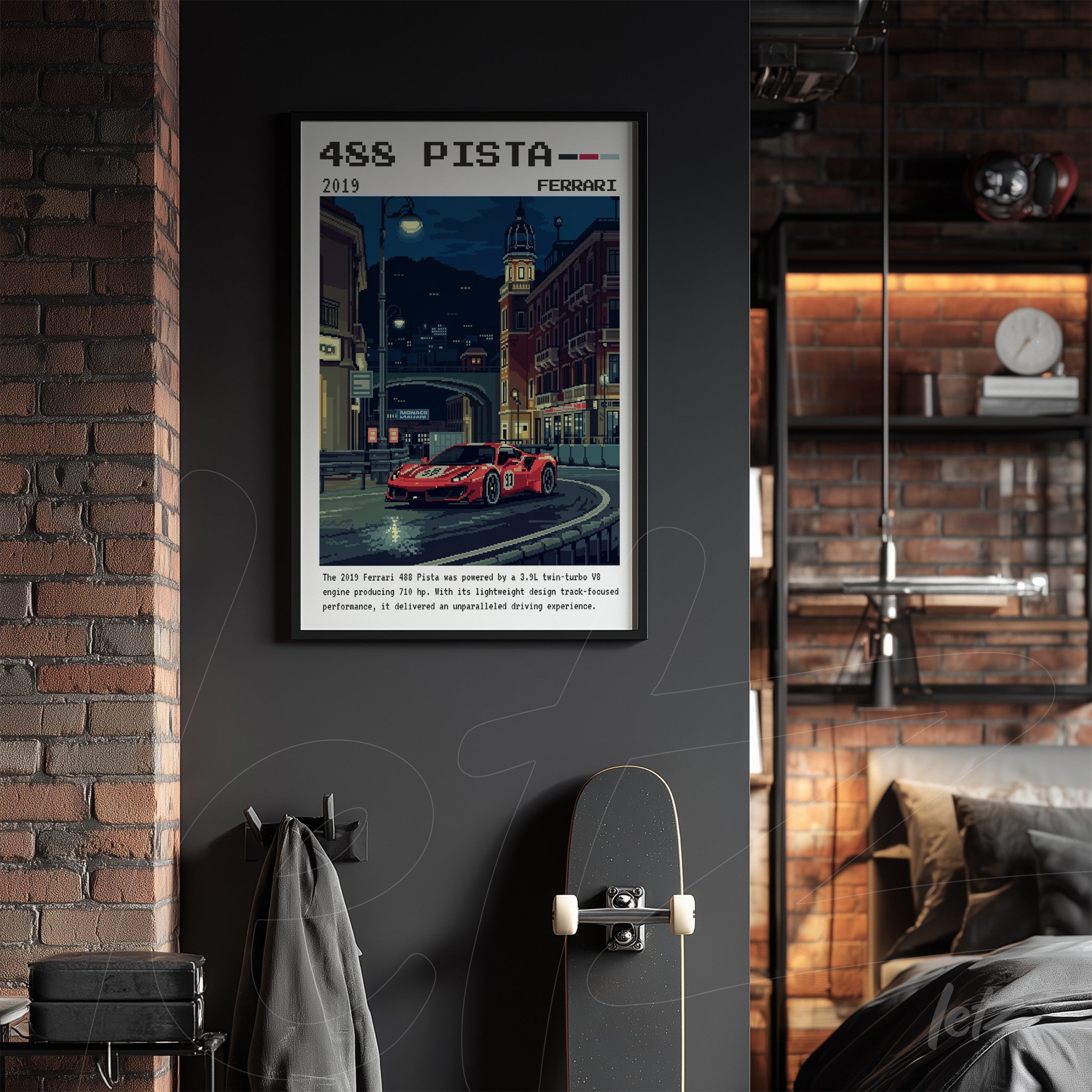framed digital artwork of Ferrari 488 Pista in black frame displayed in a modern setting with exposed brick wall