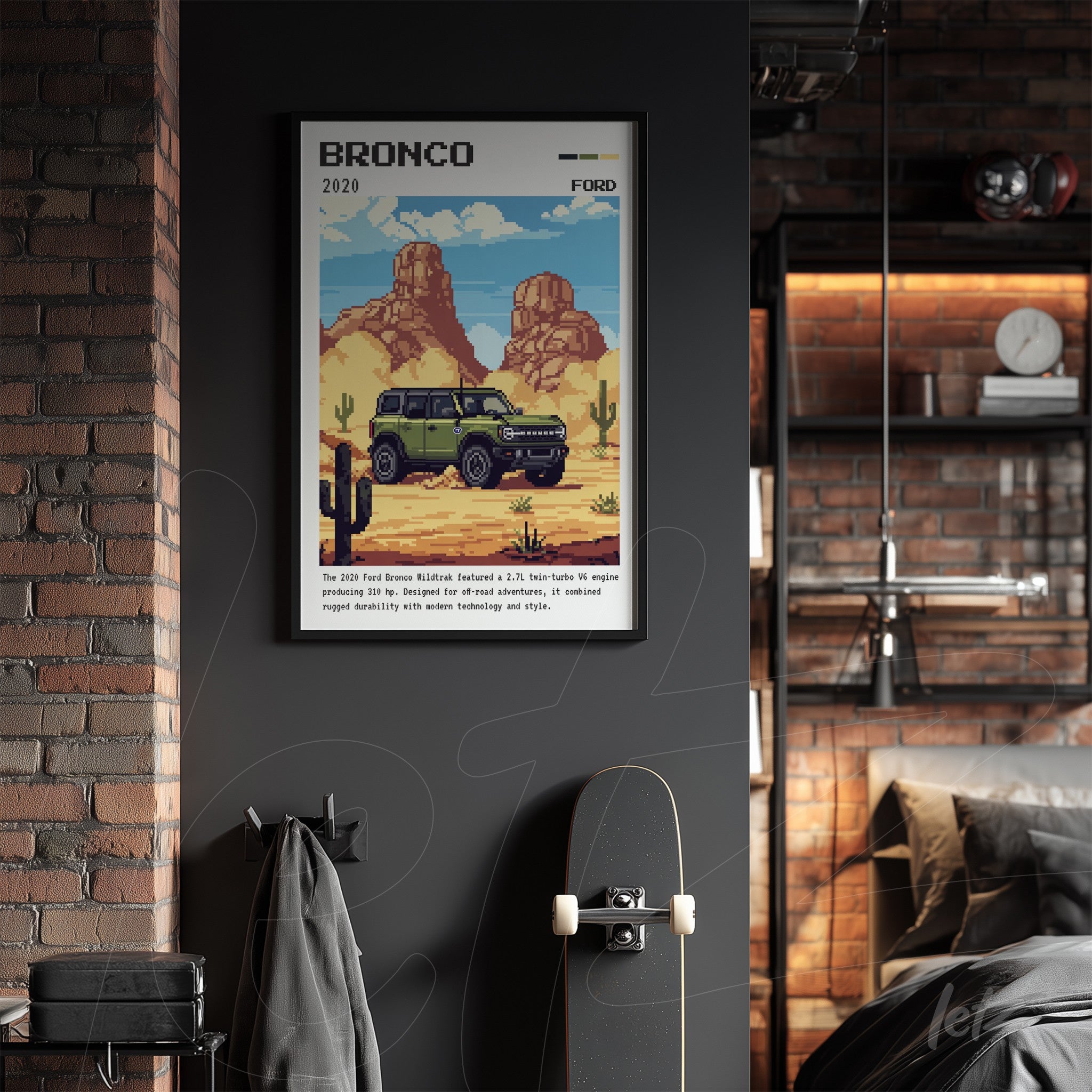pixel art styled framed print featuring a 2020 Ford Bronco in a desert landscape with cacti