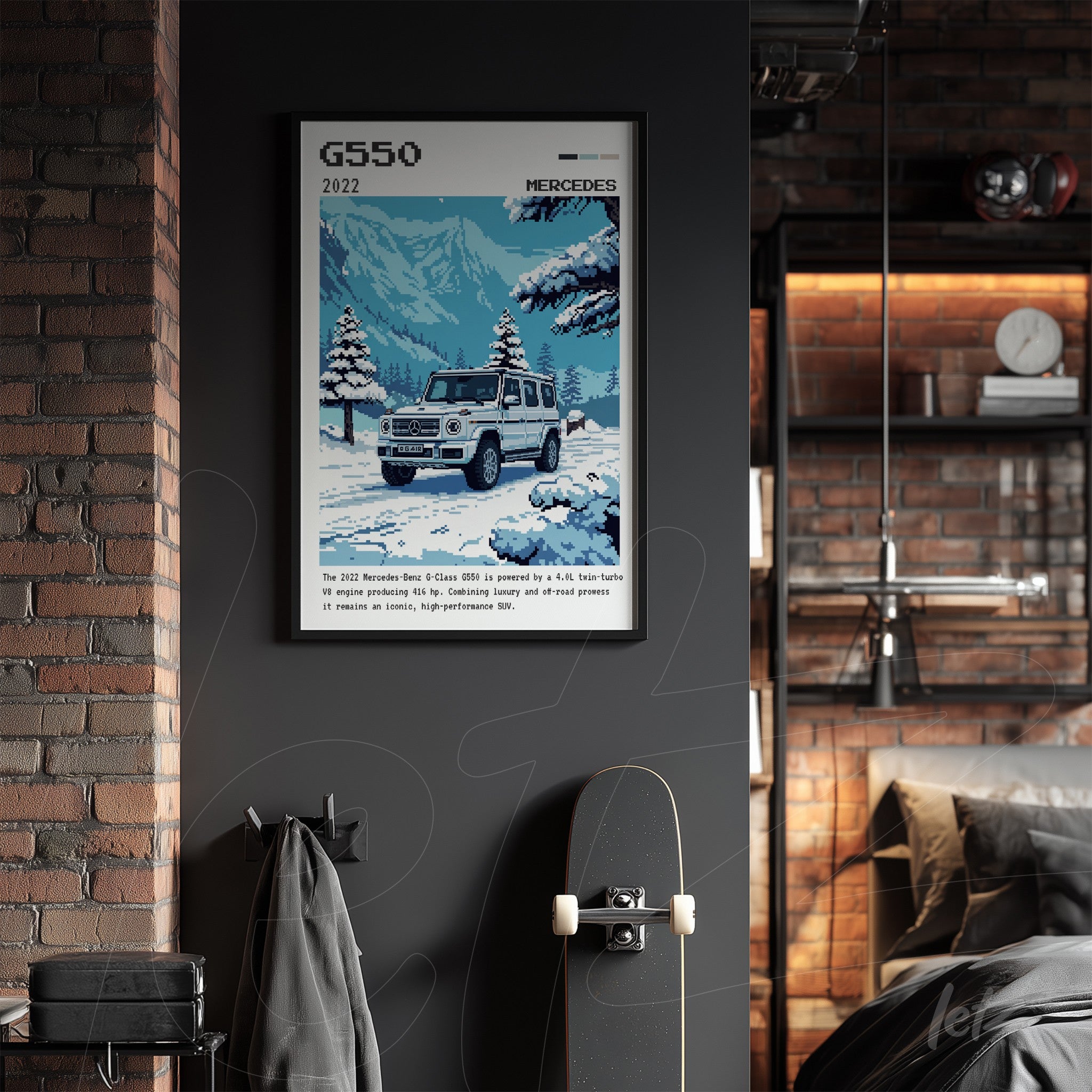framed wall art featuring digital illustration of the 2022 Mercedes-Benz G550 in a dark room with wooden accents