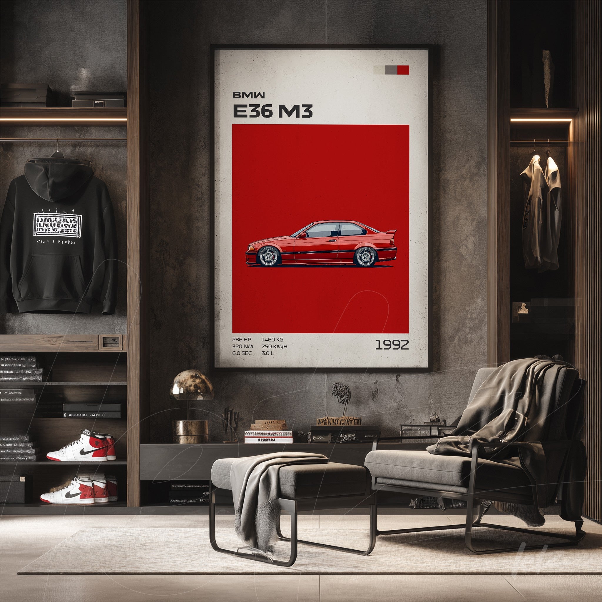 framed artwork featuring a detailed illustration of the BMW E36 M3 against a vibrant red background
