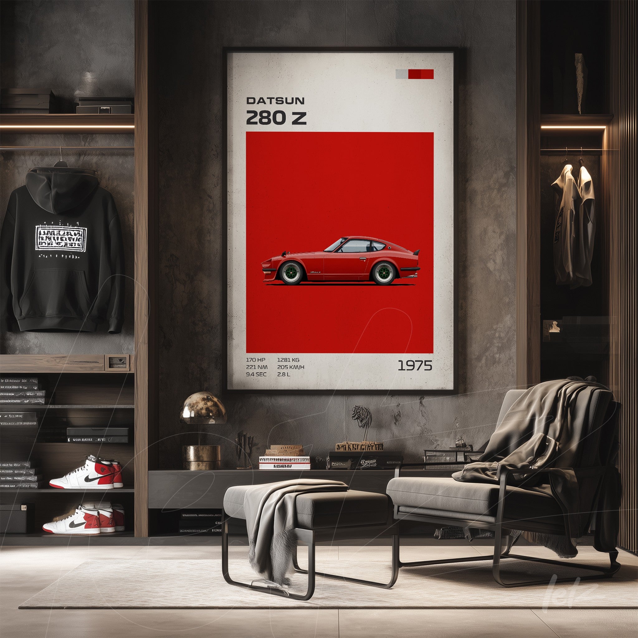 framed digital art of Datsun 280 Z car on a bold red background with a modern frame