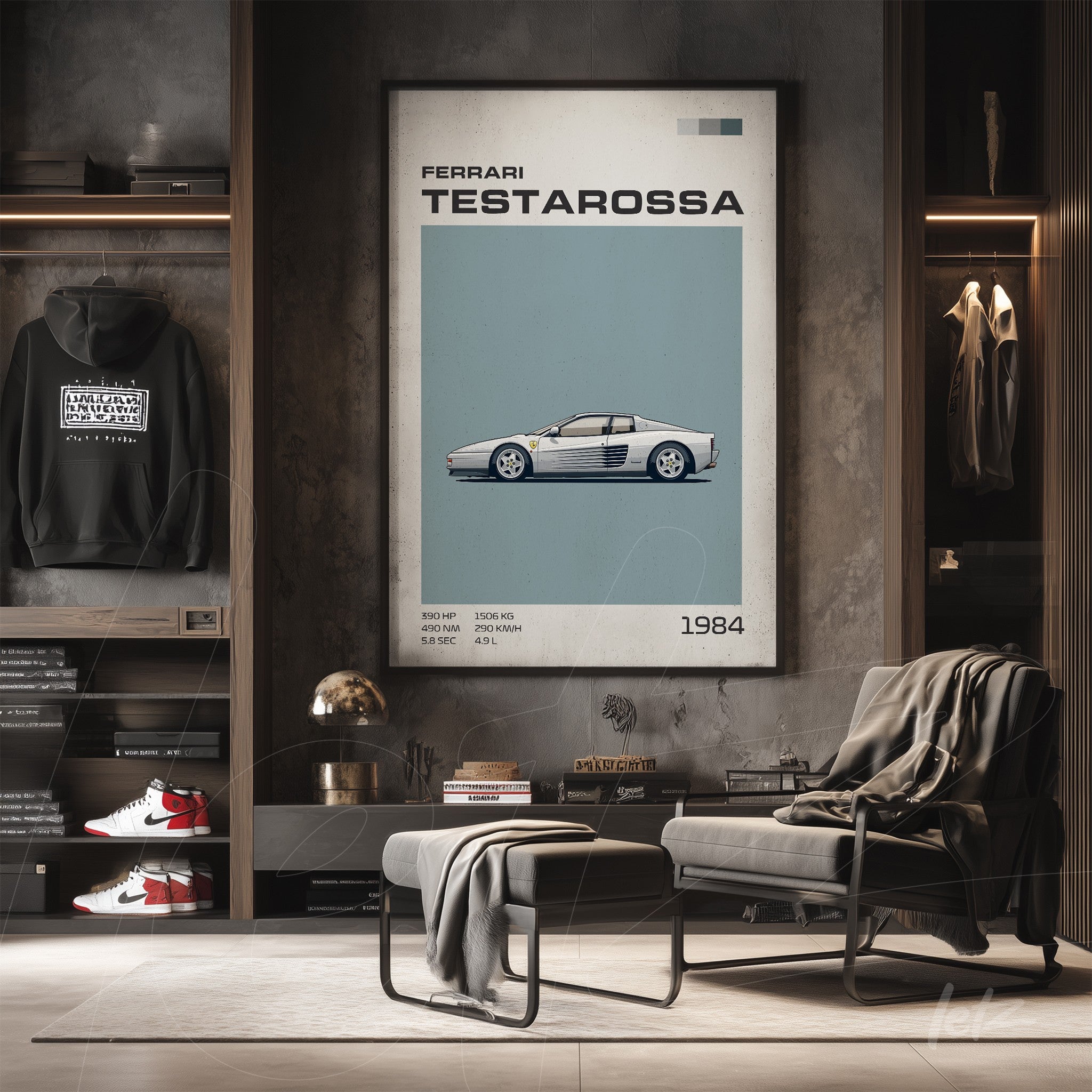 framed wall art featuring minimalist illustration of Ferrari Testarossa on light frame against a textured gray wall
