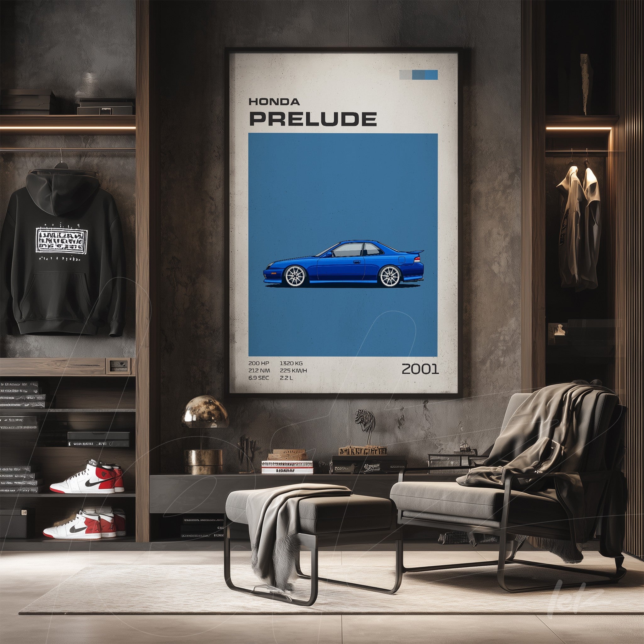 framed digital art of a blue Honda Prelude car against a gray wall