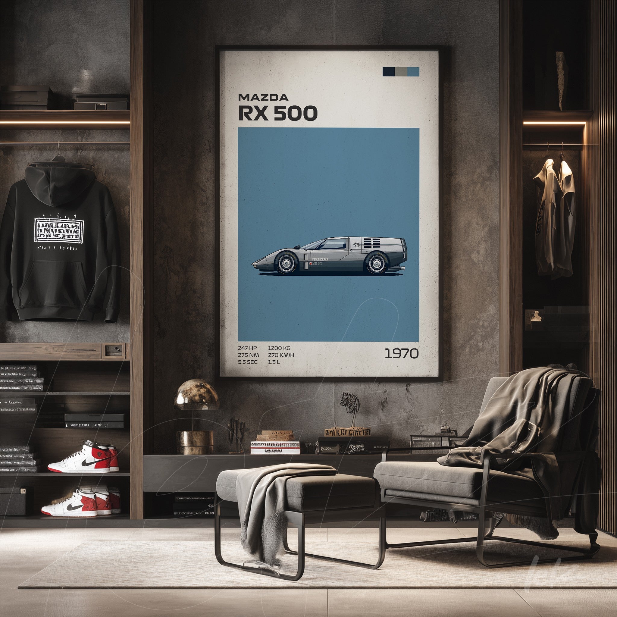 framed wall art featuring a minimalist illustration of the Mazda RX 500 on a light blue background displayed in a modern setting with wooden shelves