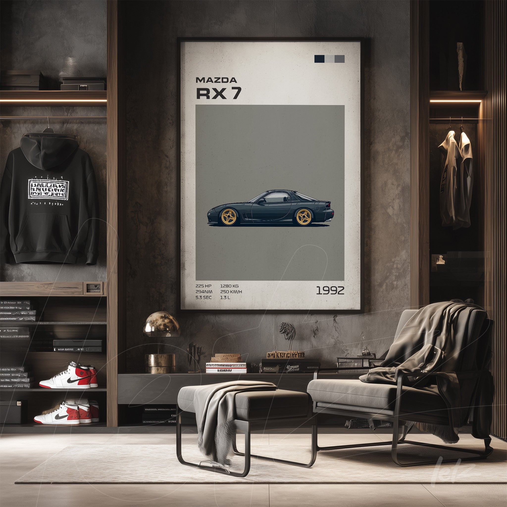 framed art print featuring Mazda RX-7 illustration on gray background, displayed in a modern setting with shelves and a chair