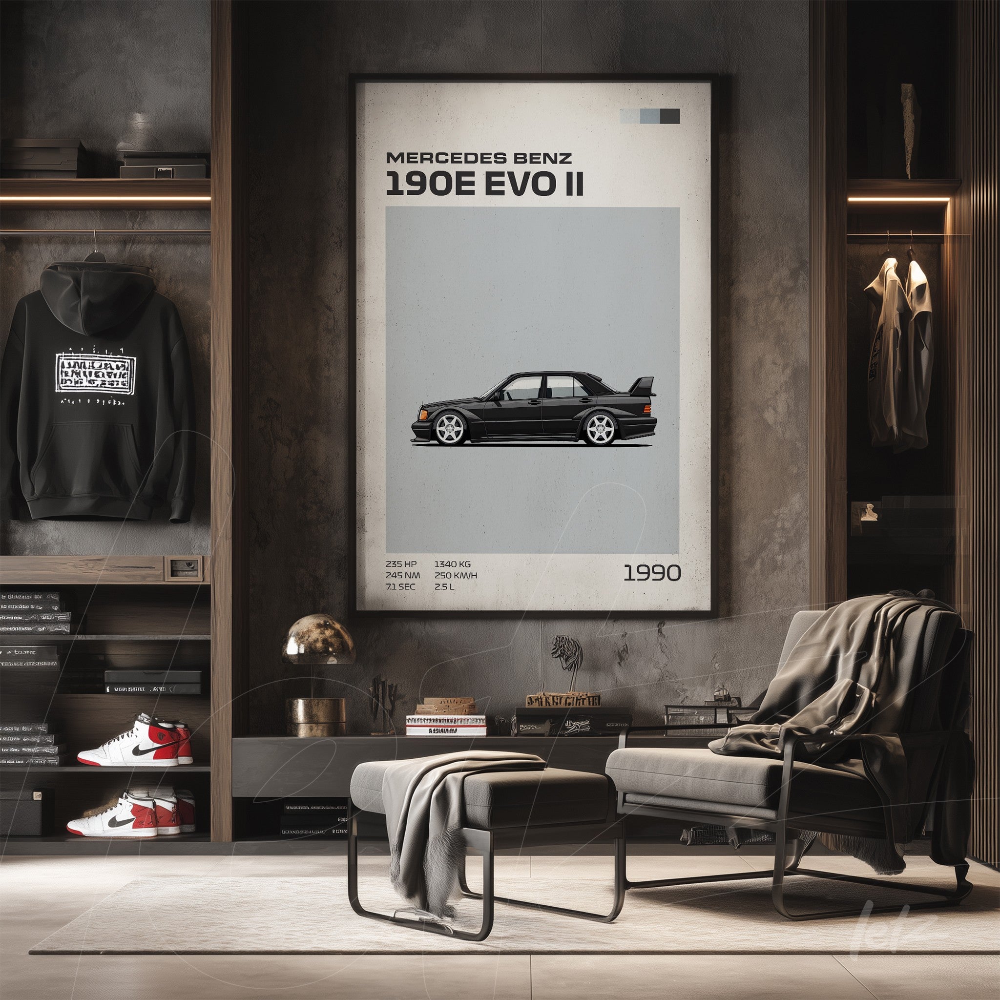 framed artwork featuring the Mercedes Benz 190E EVO II in a minimalistic style against a gray background