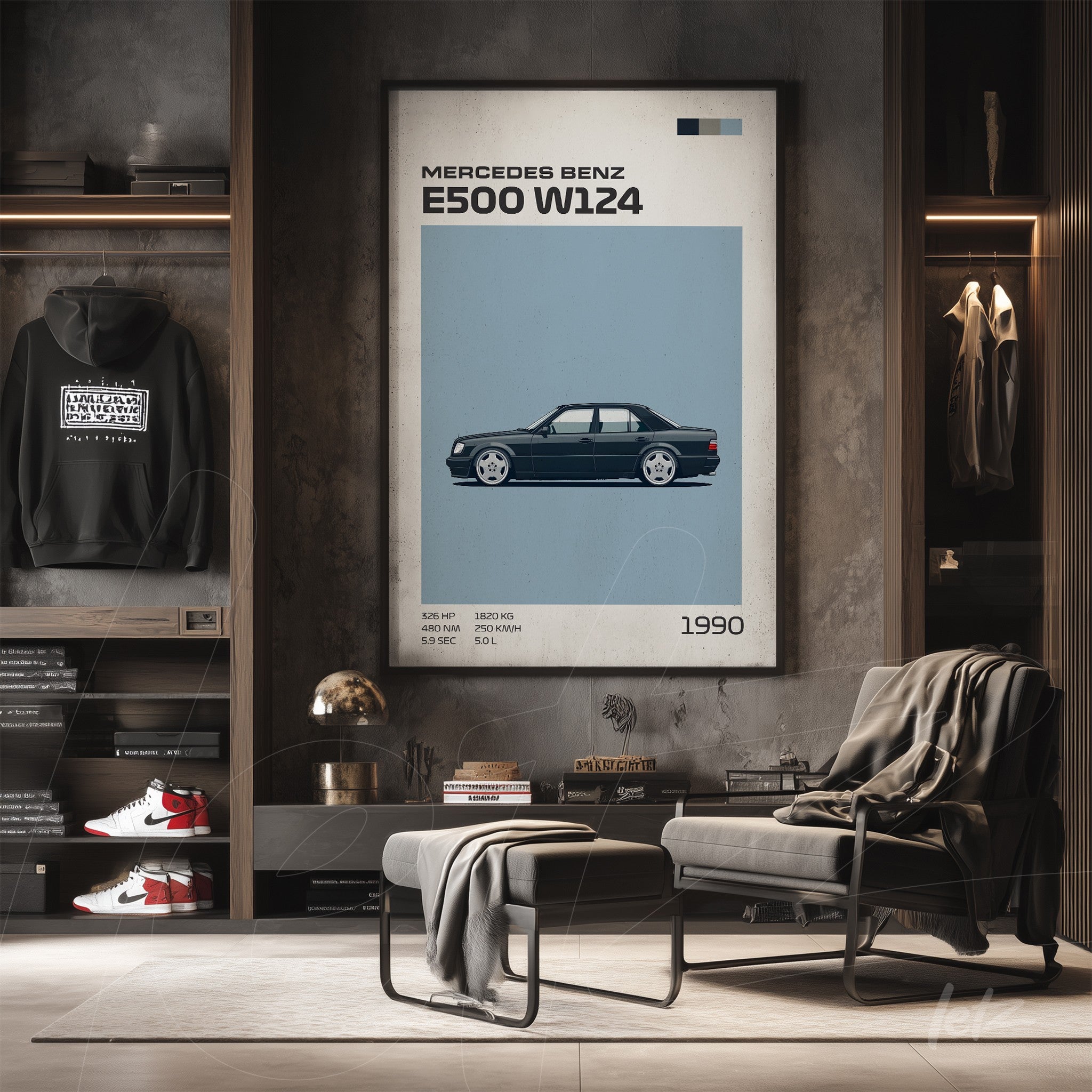 decorative wall art featuring an illustration of the Mercedes Benz E500 W124 in a minimalist style, dark frame with light blue background
