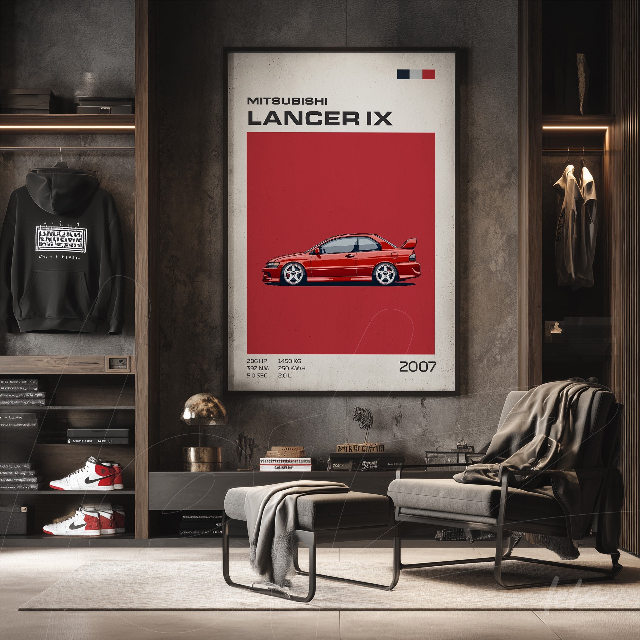 framed graphic art of Mitsubishi Lancer IX in red highlighted against a modern minimalist decor
