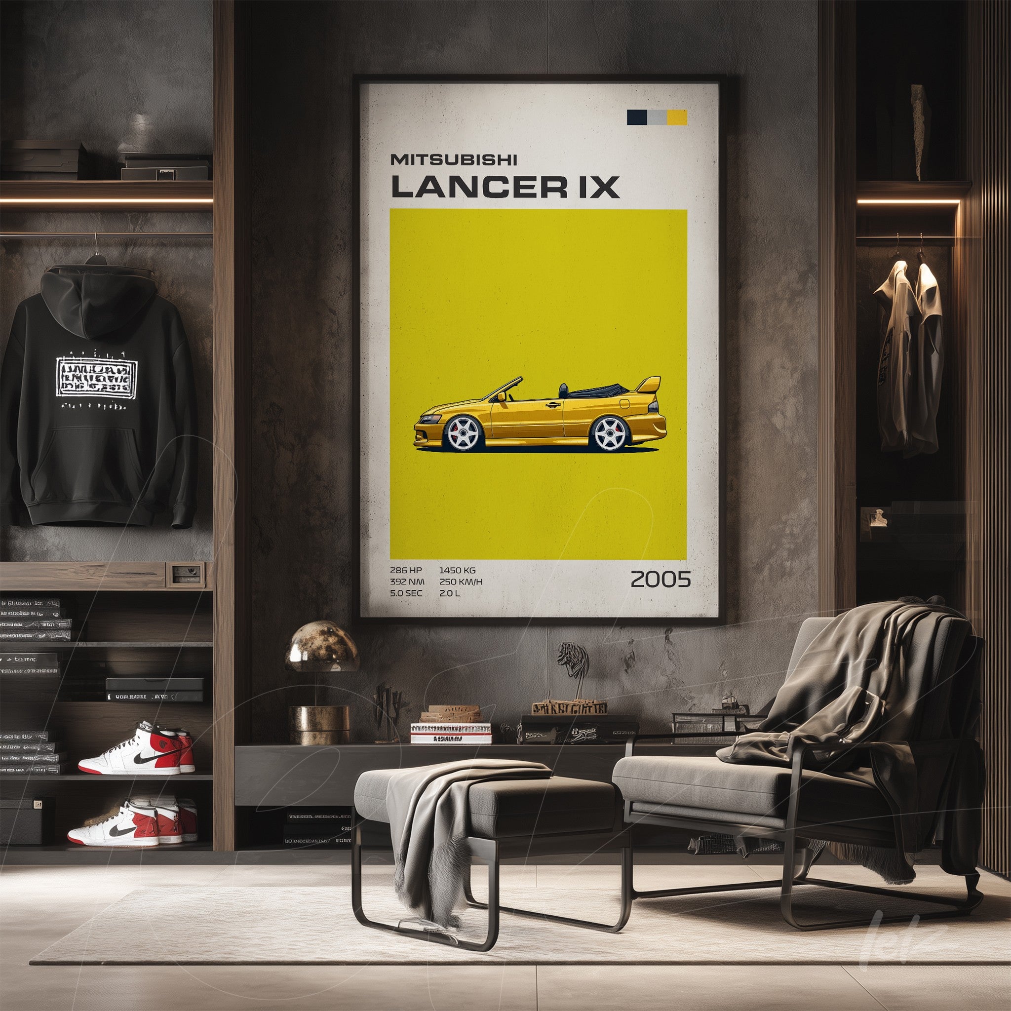 retro style framed art of Mitsubishi Lancer IX on vibrant yellow background displayed in a modern living space with dark shelves