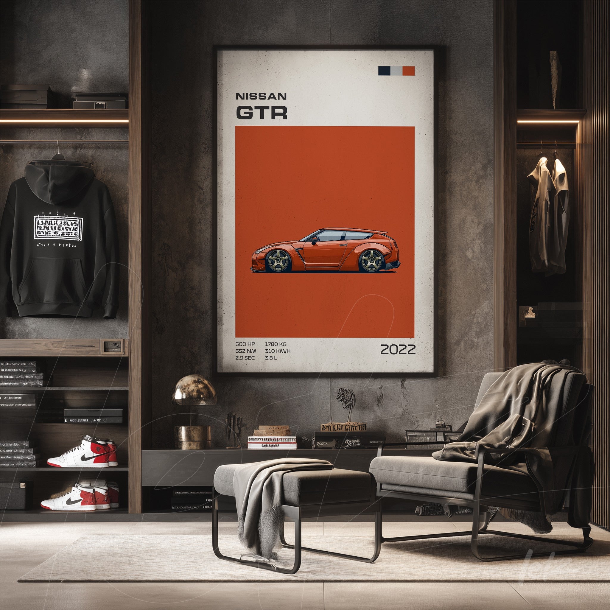 framed artistic illustration of Nissan GTR car on vibrant orange background displayed in a modern setting