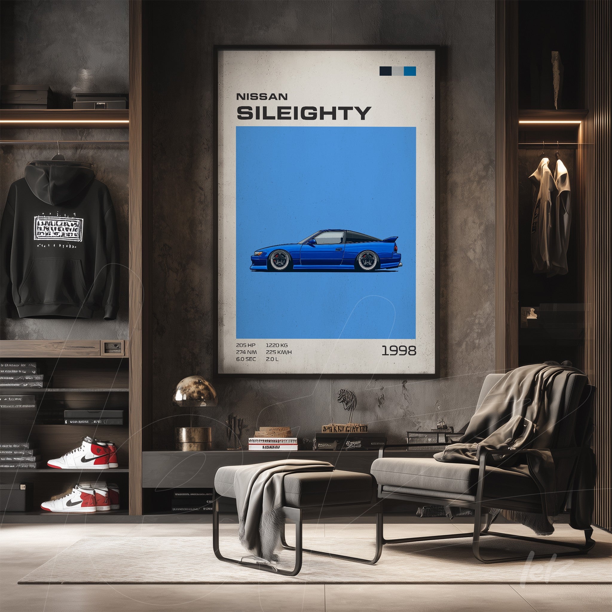 framed wall art featuring a digital illustration of a Nissan Silvia Sileighty against a blue background in a modern design