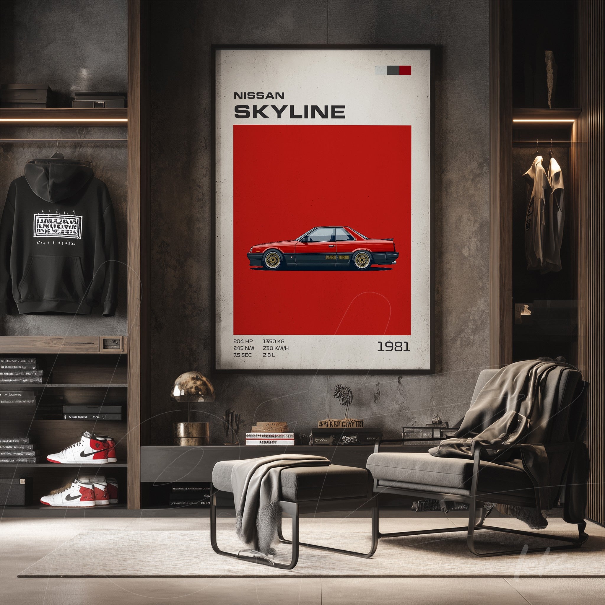 framed wall art featuring a vintage illustration of a Nissan Skyline on a red background with minimalist frame