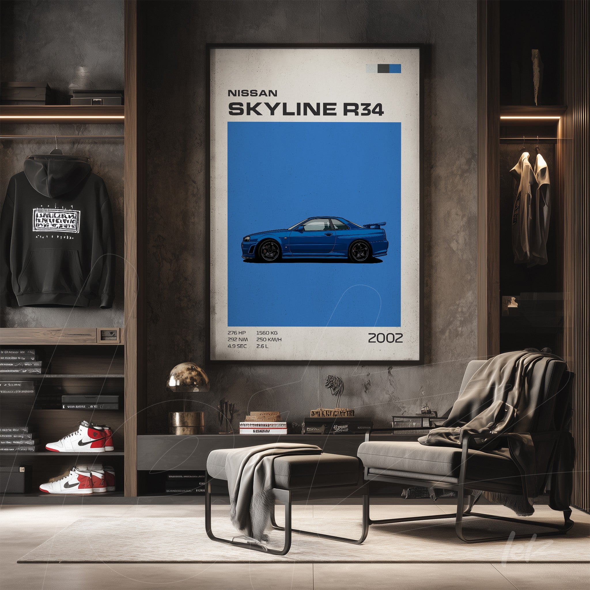 framed art of Nissan Skyline R34 with vibrant blue background and modern graphic style