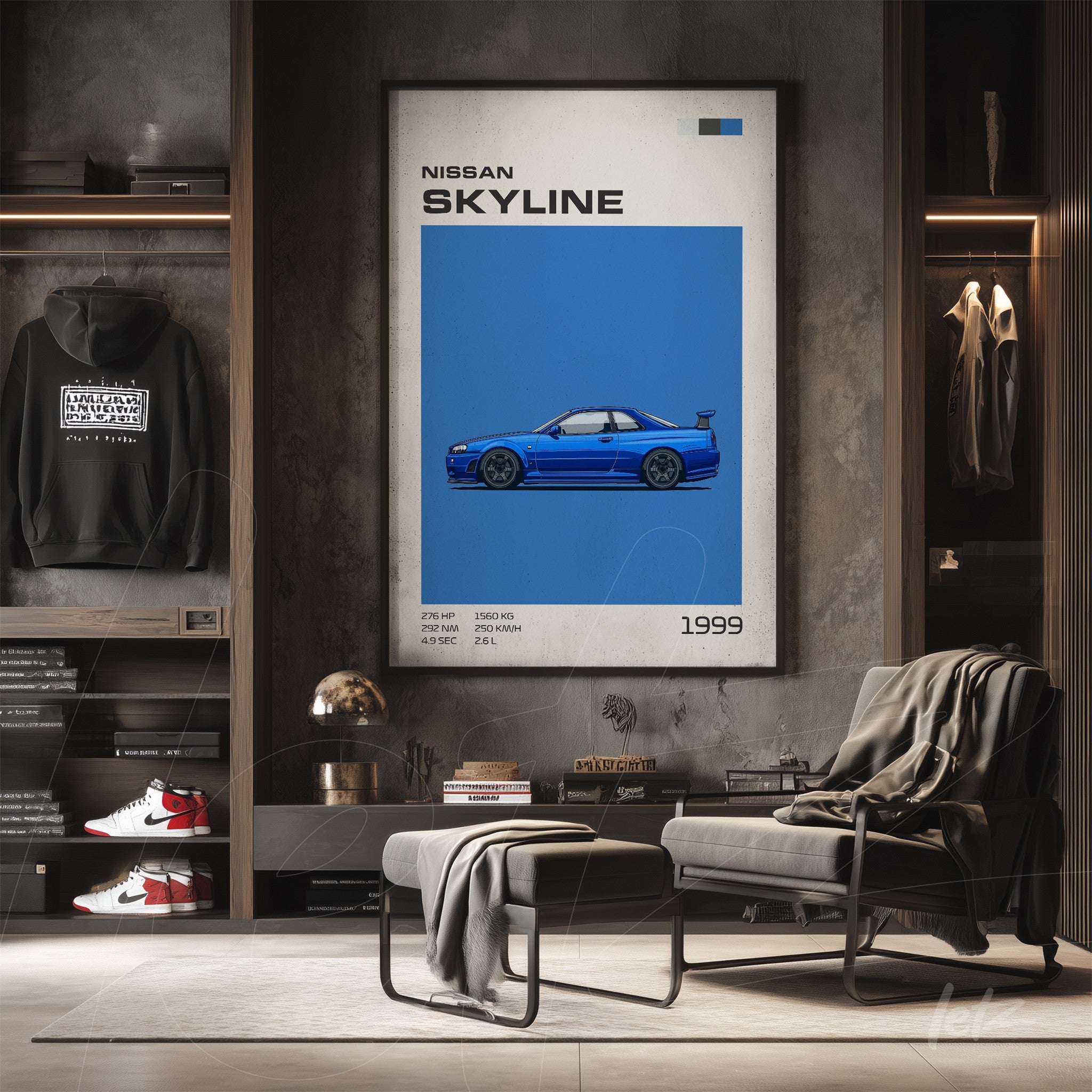 framed digital art of Nissan Skyline car in blue against light background showcased in a modern setting