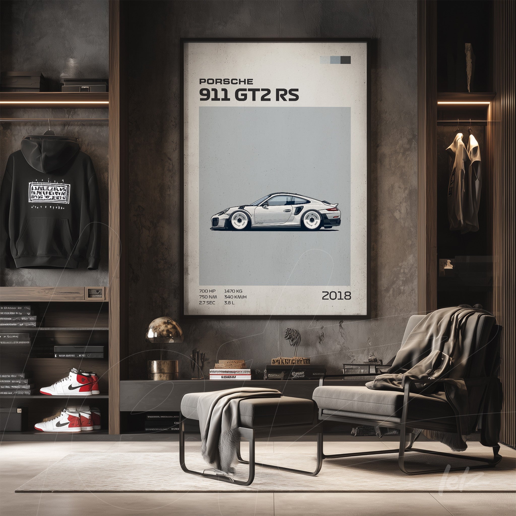 large framed artwork featuring a minimalist illustration of Porsche 911 GT2 RS displayed in a modern setting with wooden shelves and decorative elements
