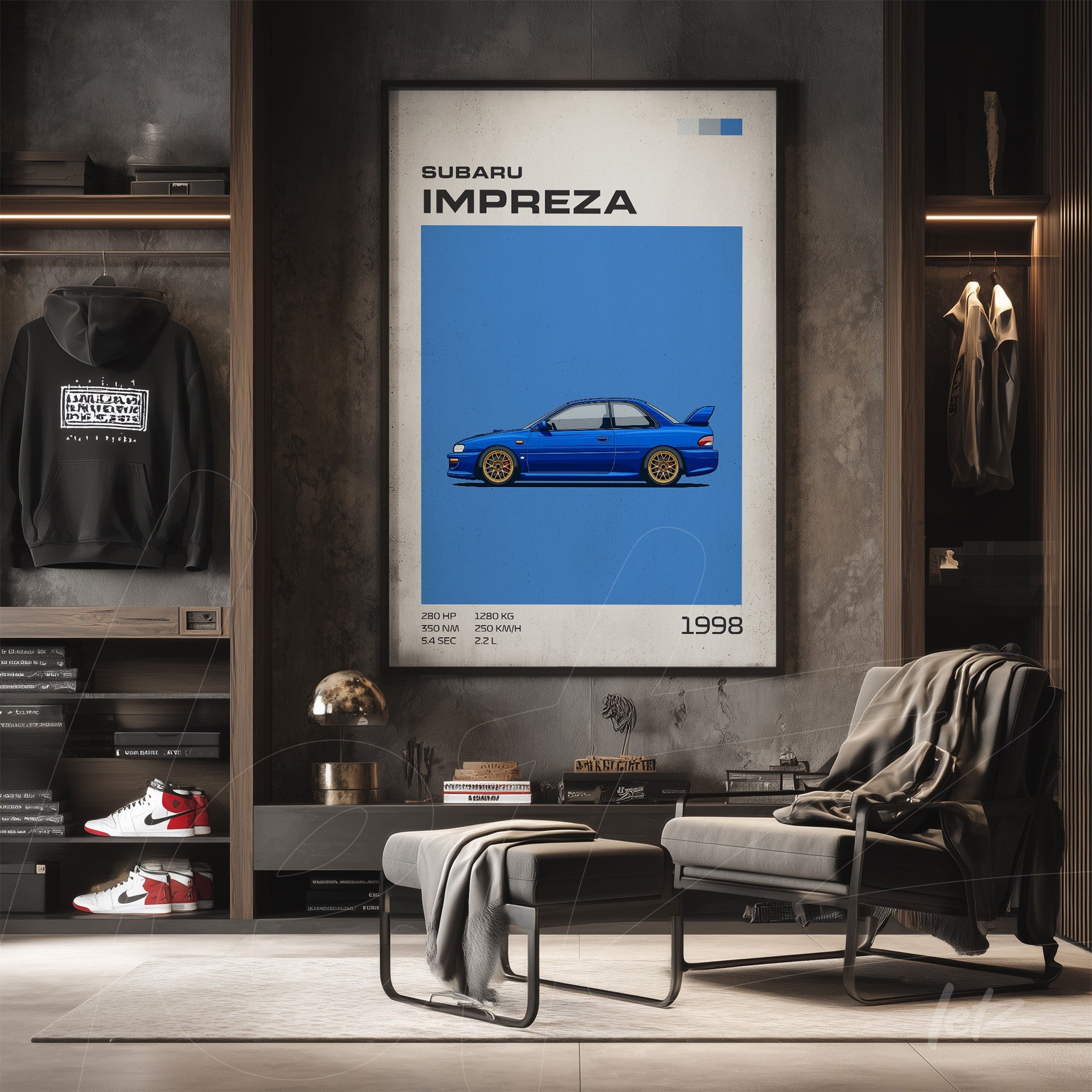 framed wall art featuring a blue Subaru Impreza with text details on a blue background