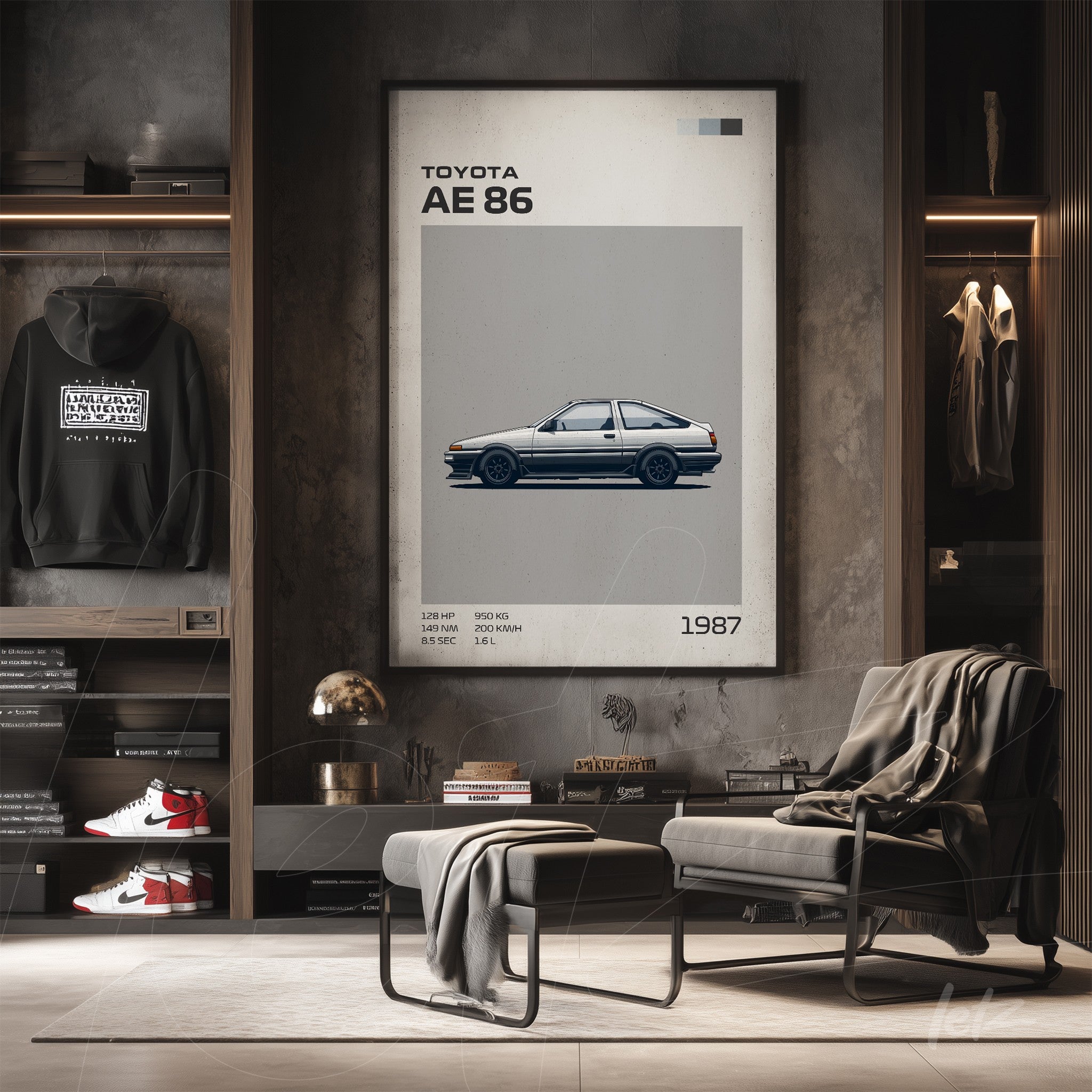 framed digital art of Toyota AE 86 car in minimalist style displayed in a modern setting