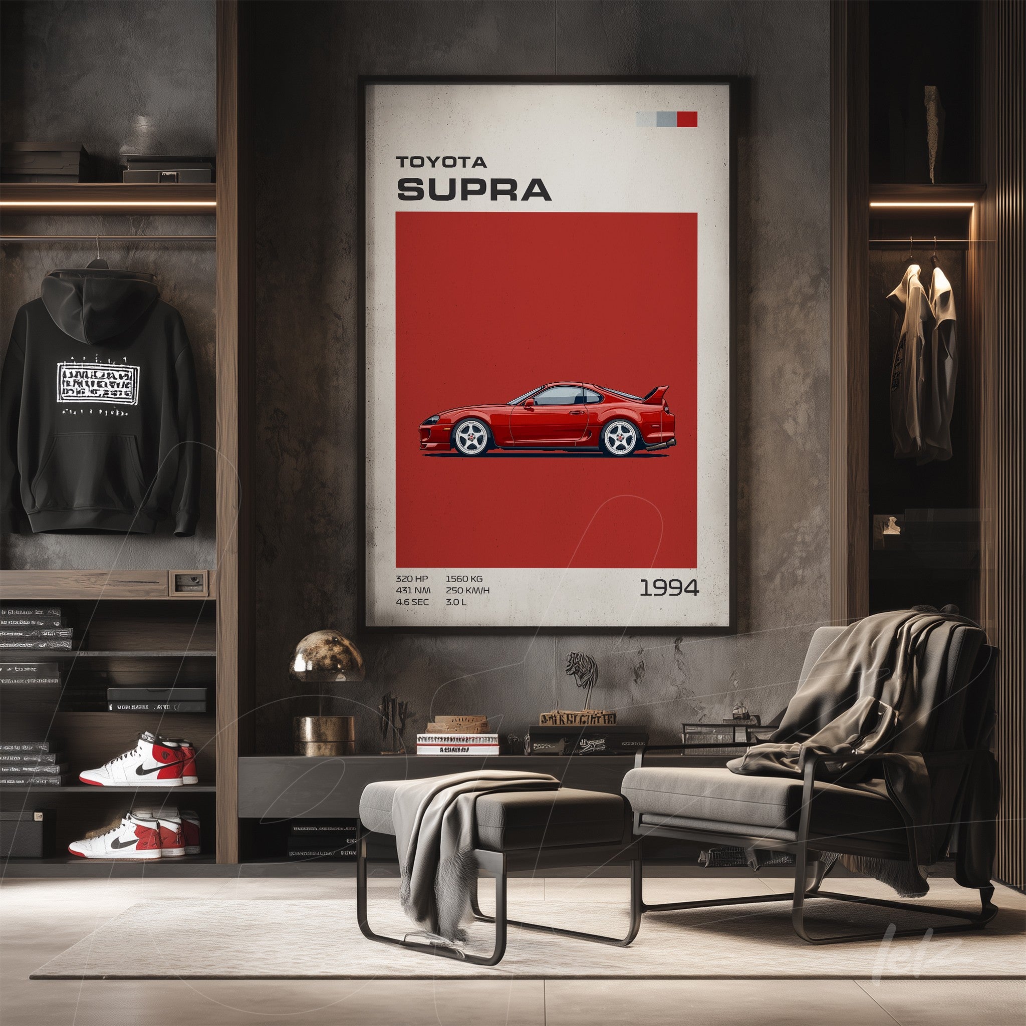 framed artwork of the Toyota Supra sports car in red background with retro graphic elements and light frame