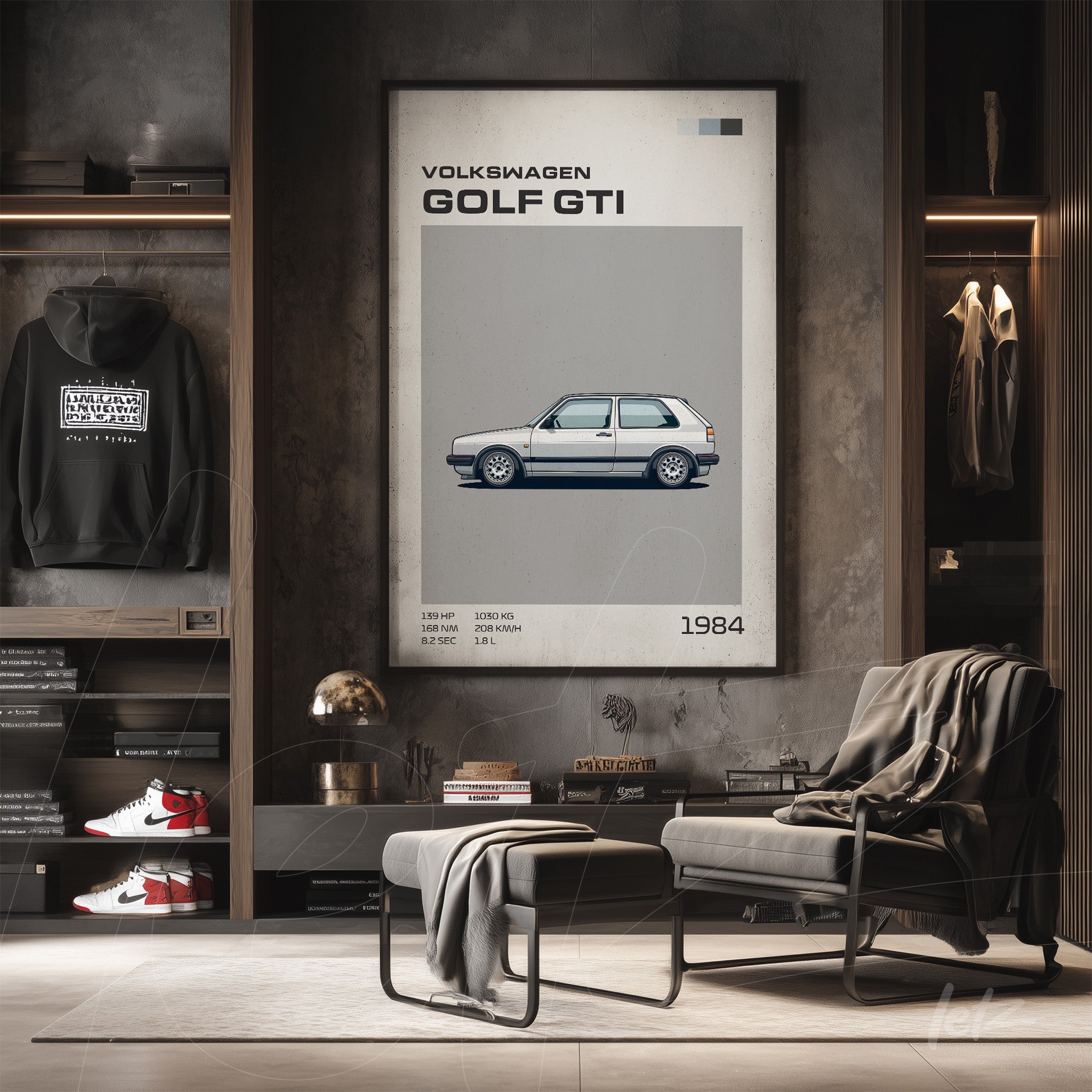 framed art print of a 1984 Volkswagen Golf GTI in a wide frame on gray wall