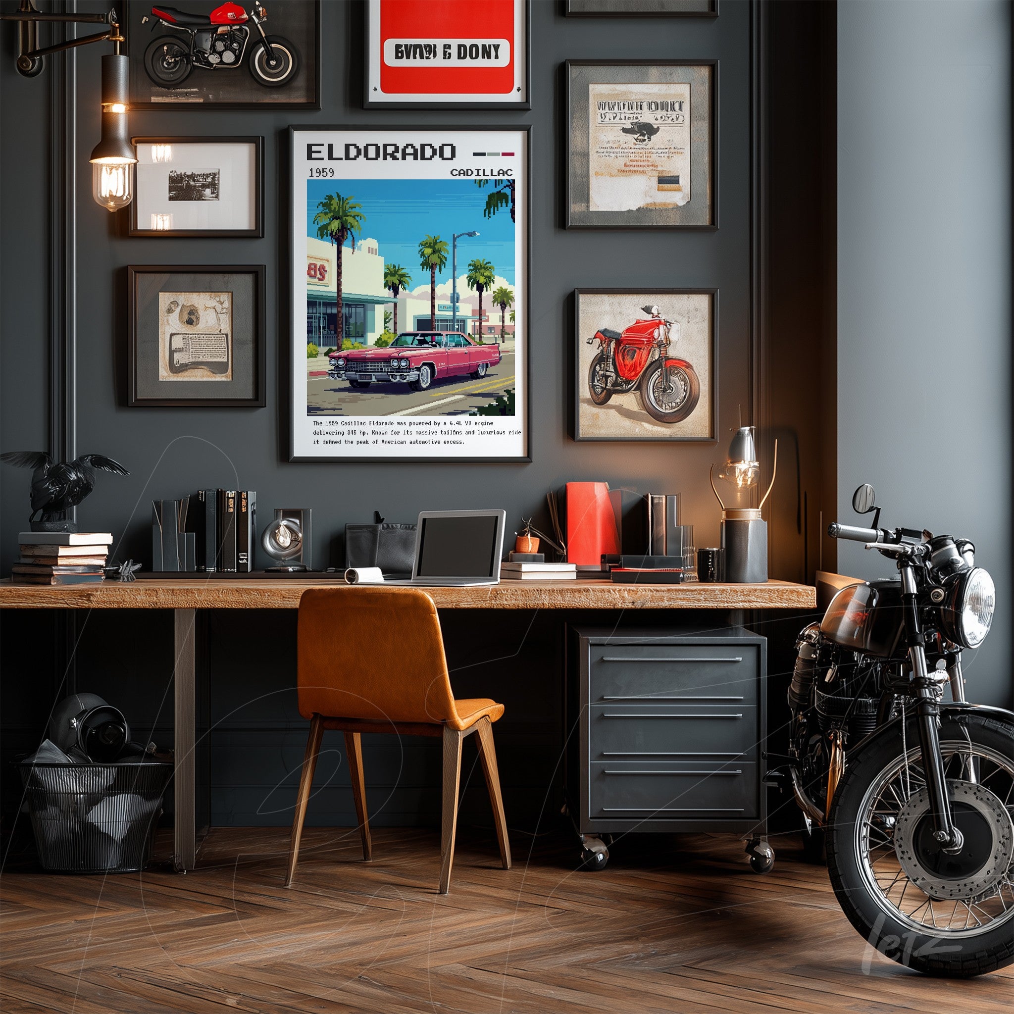 decorative wall art composition featuring automotive theme in an office setup including framed art of a 1959 Cadillac with black frame alongside vintage photographs and illustrations