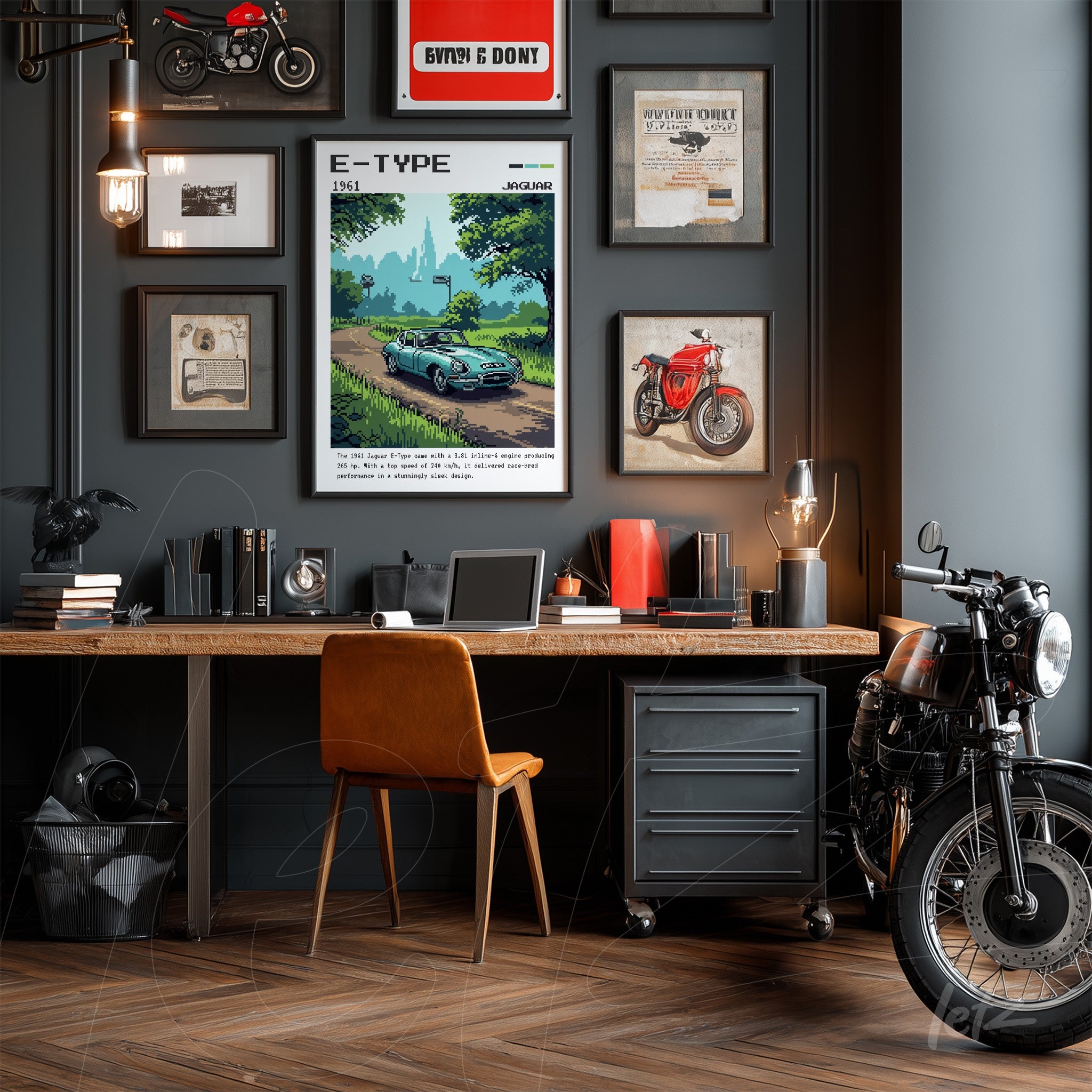 gallery wall composition featuring retro art of E-Type car in black frame, wooden desk with orange chair and vintage motorcycle beside
