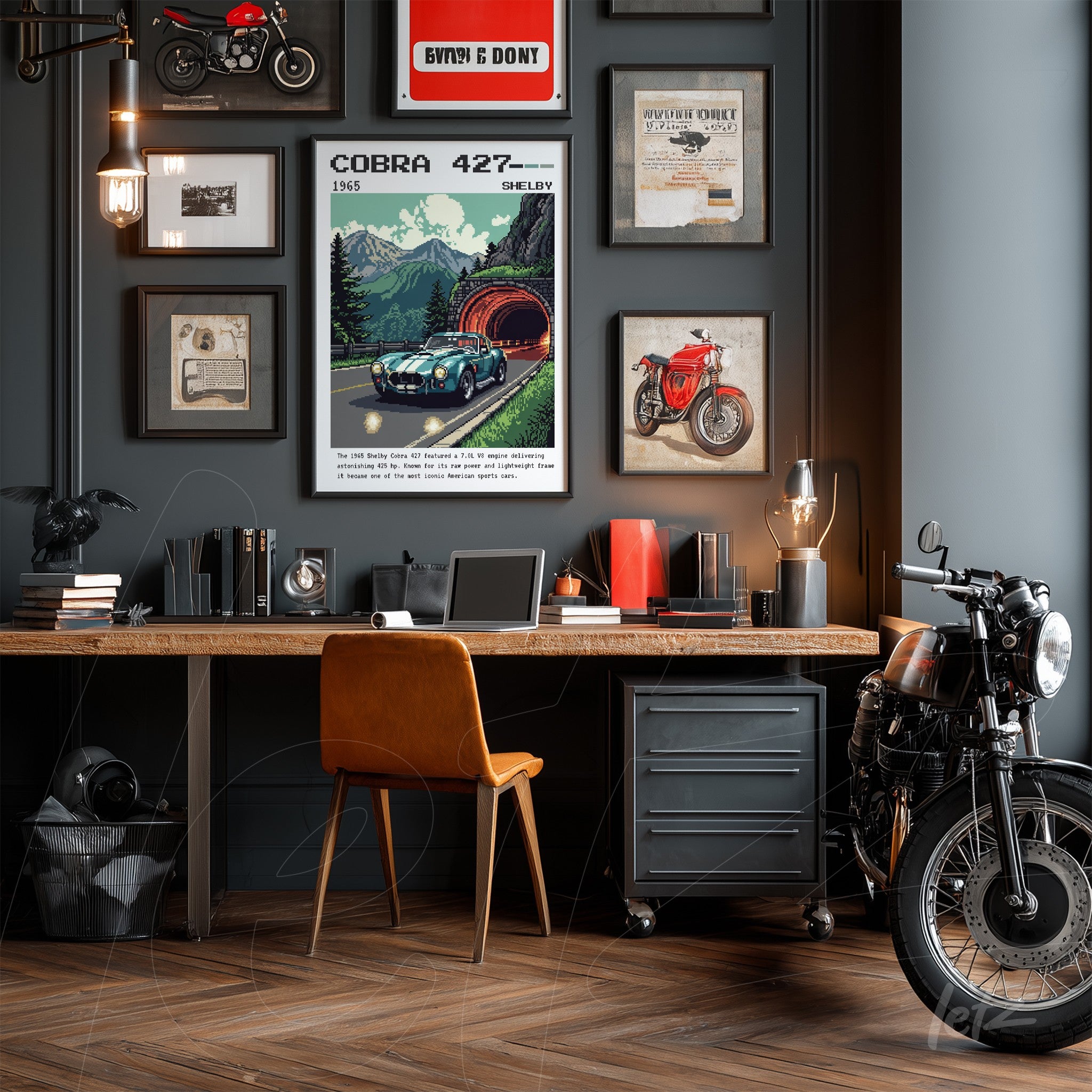 office environment featuring vintage wall art of cars and motorcycles on a gray wall, wooden desk with a leather chair and a motorcycle displayed beside