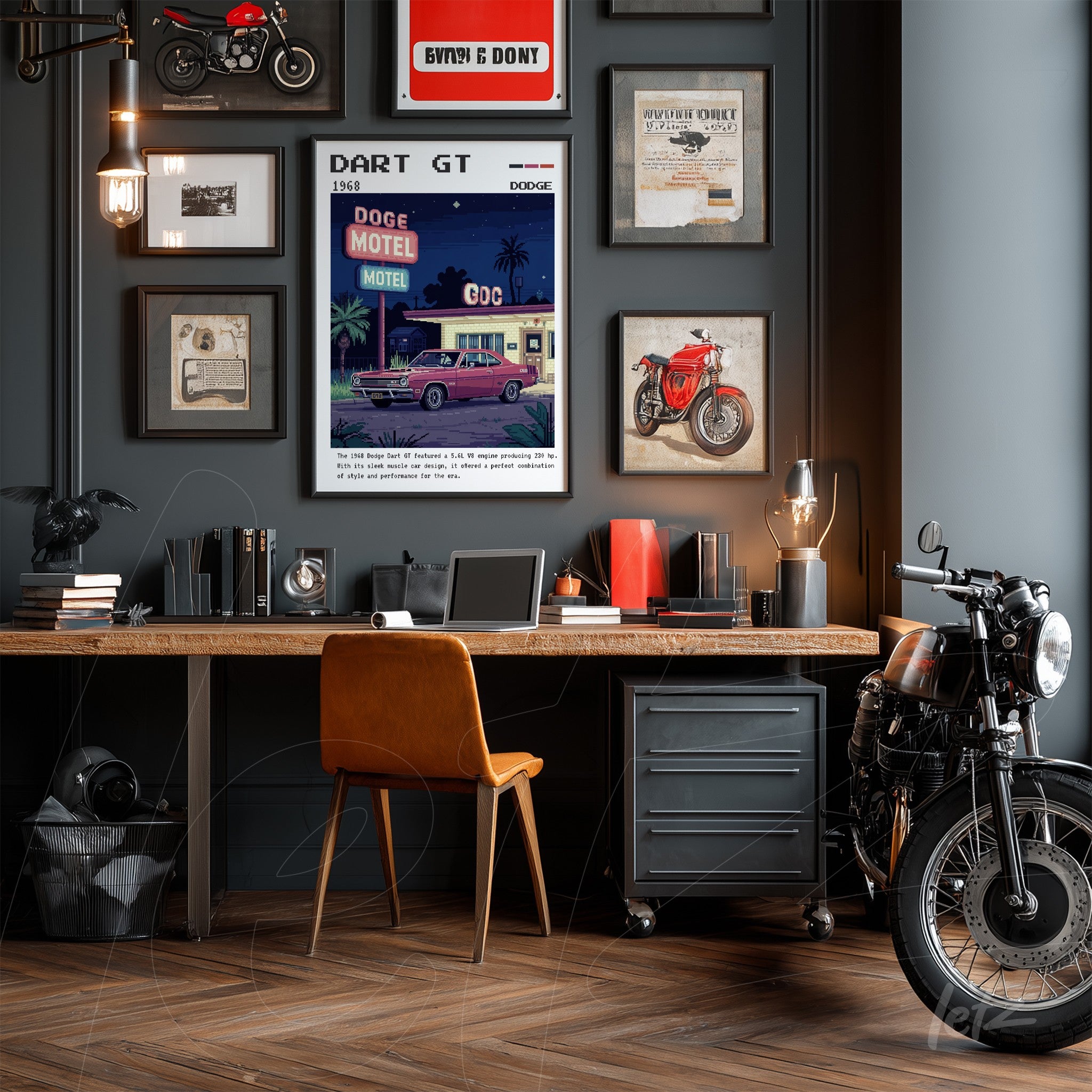 gallery wall with gray background featuring a framed artwork of a 1966 Dart GT car in black frame, wooden desk with leather chair and motorcycle alongside