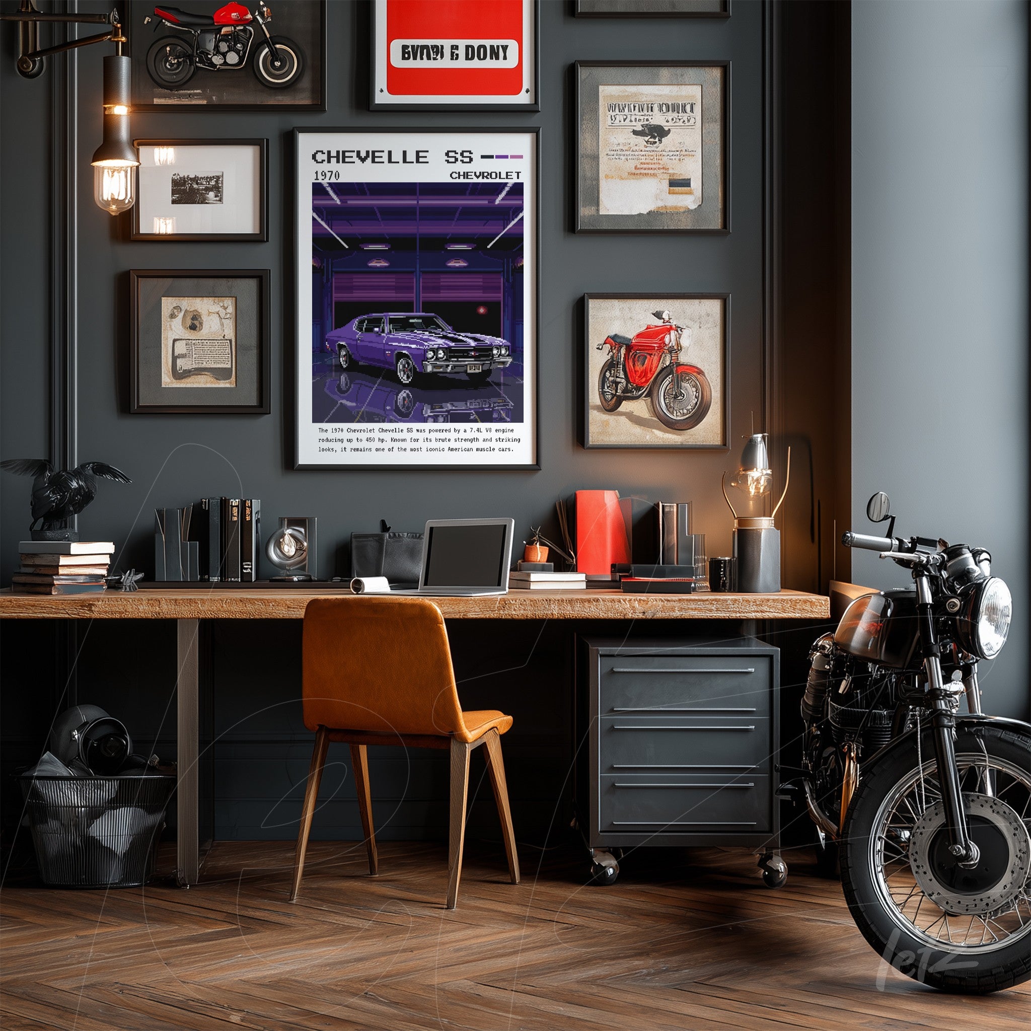 modern office space featuring a wooden desk with leather chair, vintage decor including framed art of a Chevrolet Chevelle SS 1970 on dark wall
