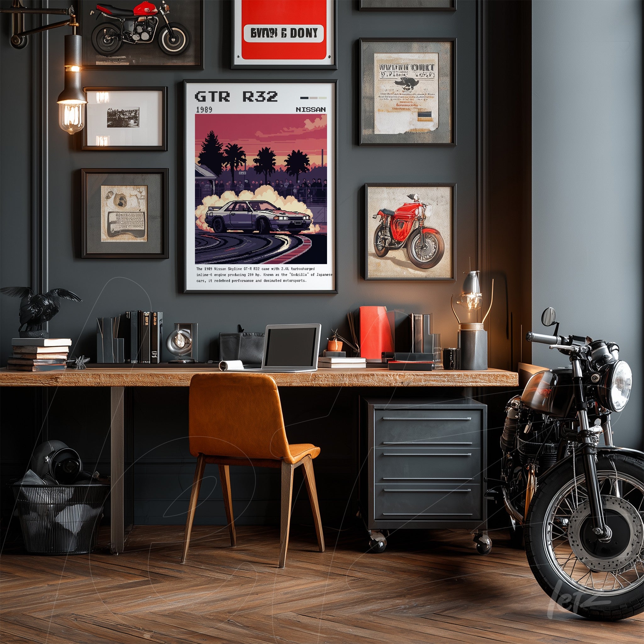 framed retro art of 1989 GTR R32 sports car prominently displayed above a wooden desk in a modern office setting