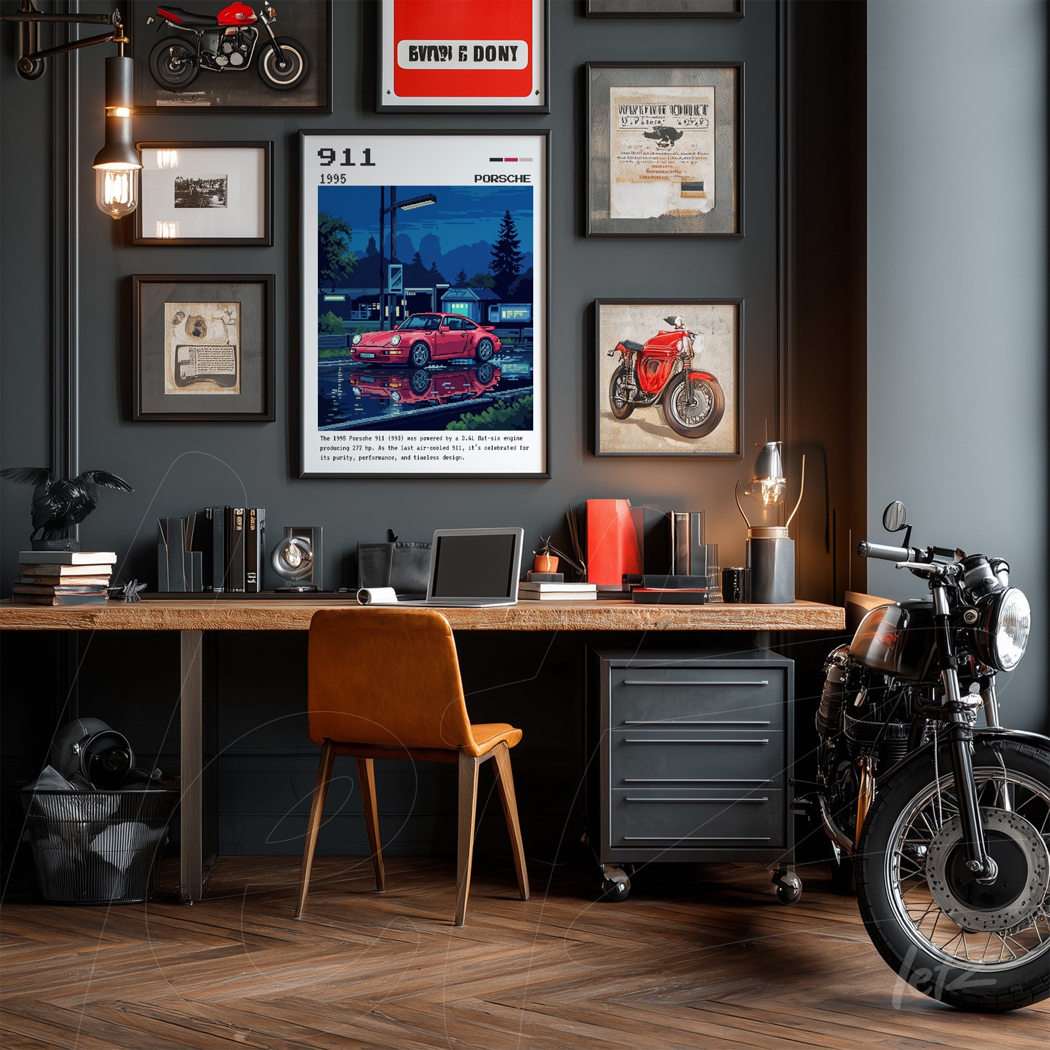 vintage art print of a 1995 Porsche 911 displayed on a gray wall, surrounded by various motorcycle and automotive memorabilia