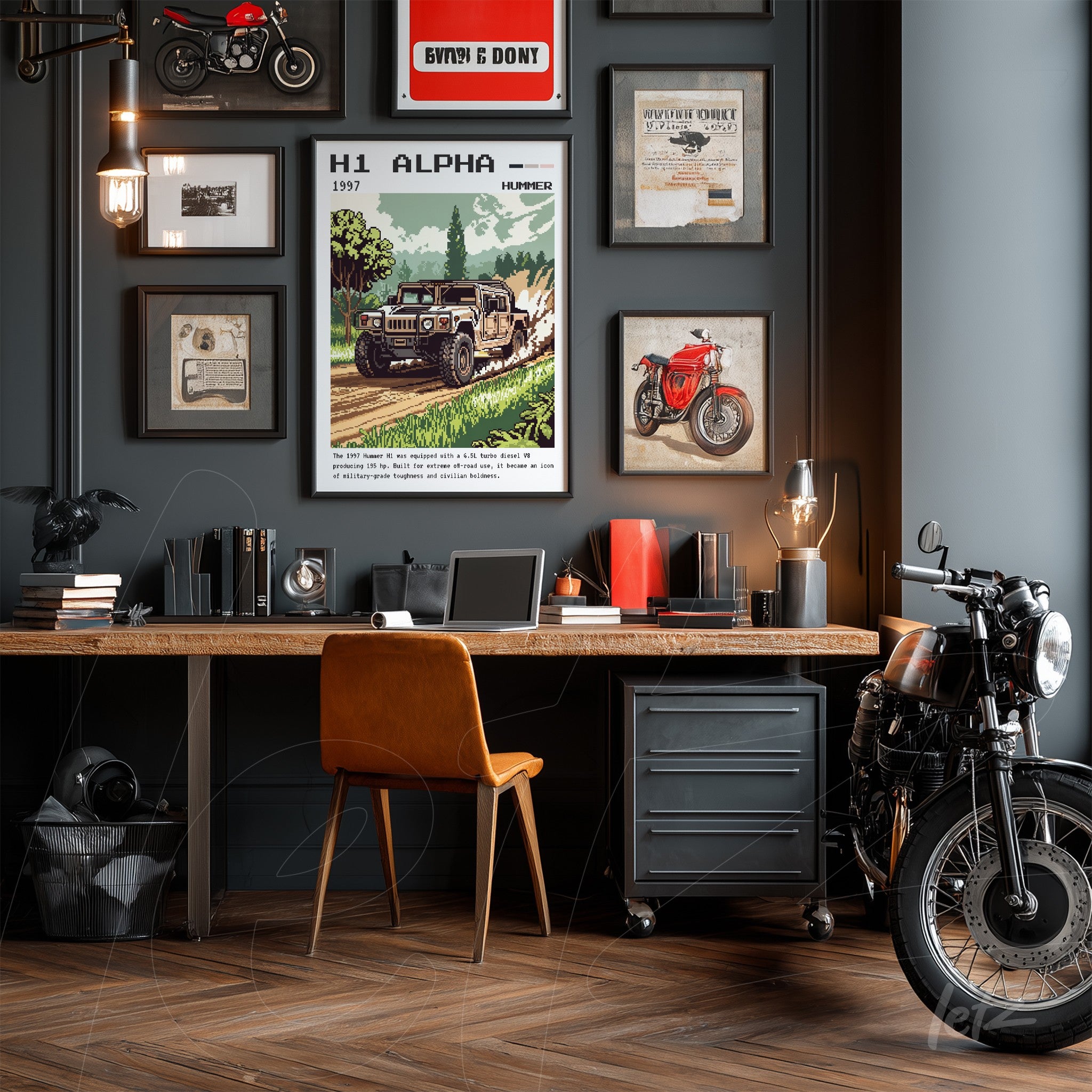 collection of framed automotive-themed art on gray wall in a modern office setting featuring a H1 Alpha truck print and a red motorcycle illustration